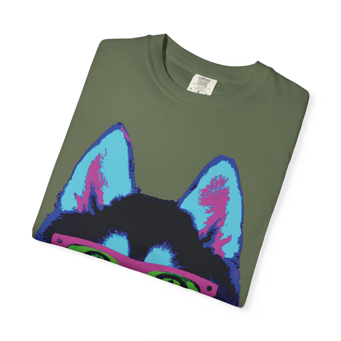 Pop Art Husky T-Shirt — Colorful Dog Face with Sunglasses, Back 'PLURout.com' Graphic