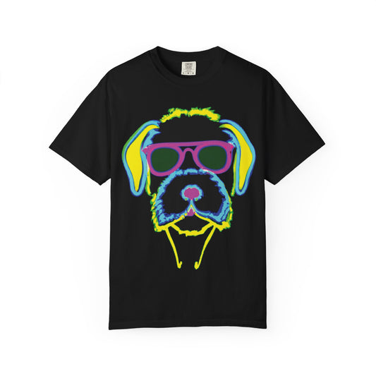 Neon Cool Dog Graphic T-Shirt — Sunglasses Pup Tee with PlurOut Backprint