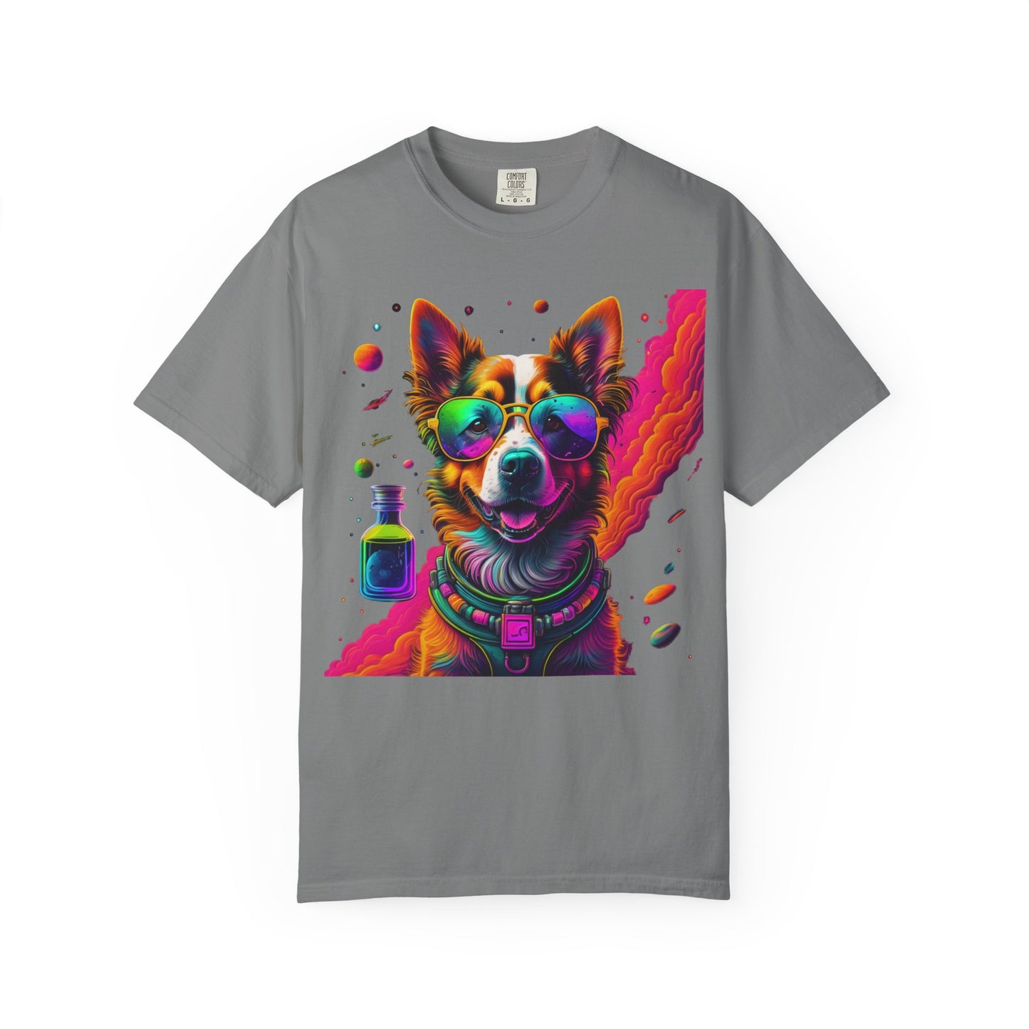 Psychedelic Dog Graphic Tee — Colorful Sunglasses Pup Print