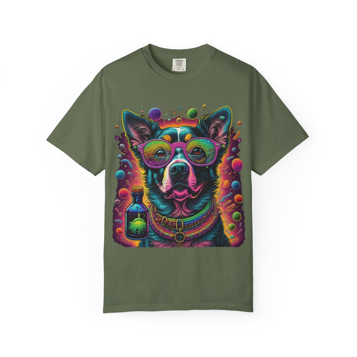 Psychedelic Dog Graphic T-Shirt — Vibrant Neon Pup Art Tee