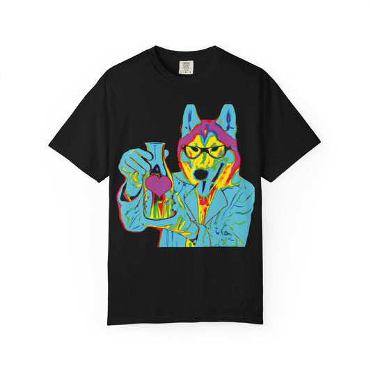 Psychedelic Husky Graphic T-Shirt — Colorful Scientist Dog Design