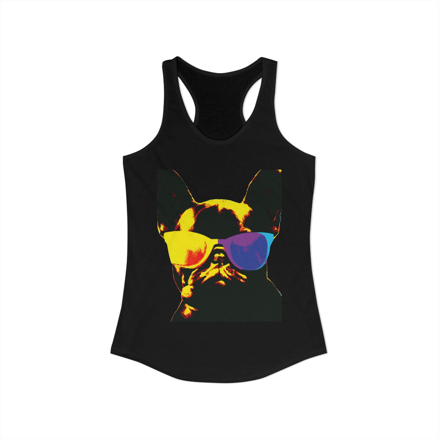 Gold Frenchie Graphic Racerback Tank — "Cool Glasses" French Bulldog Design