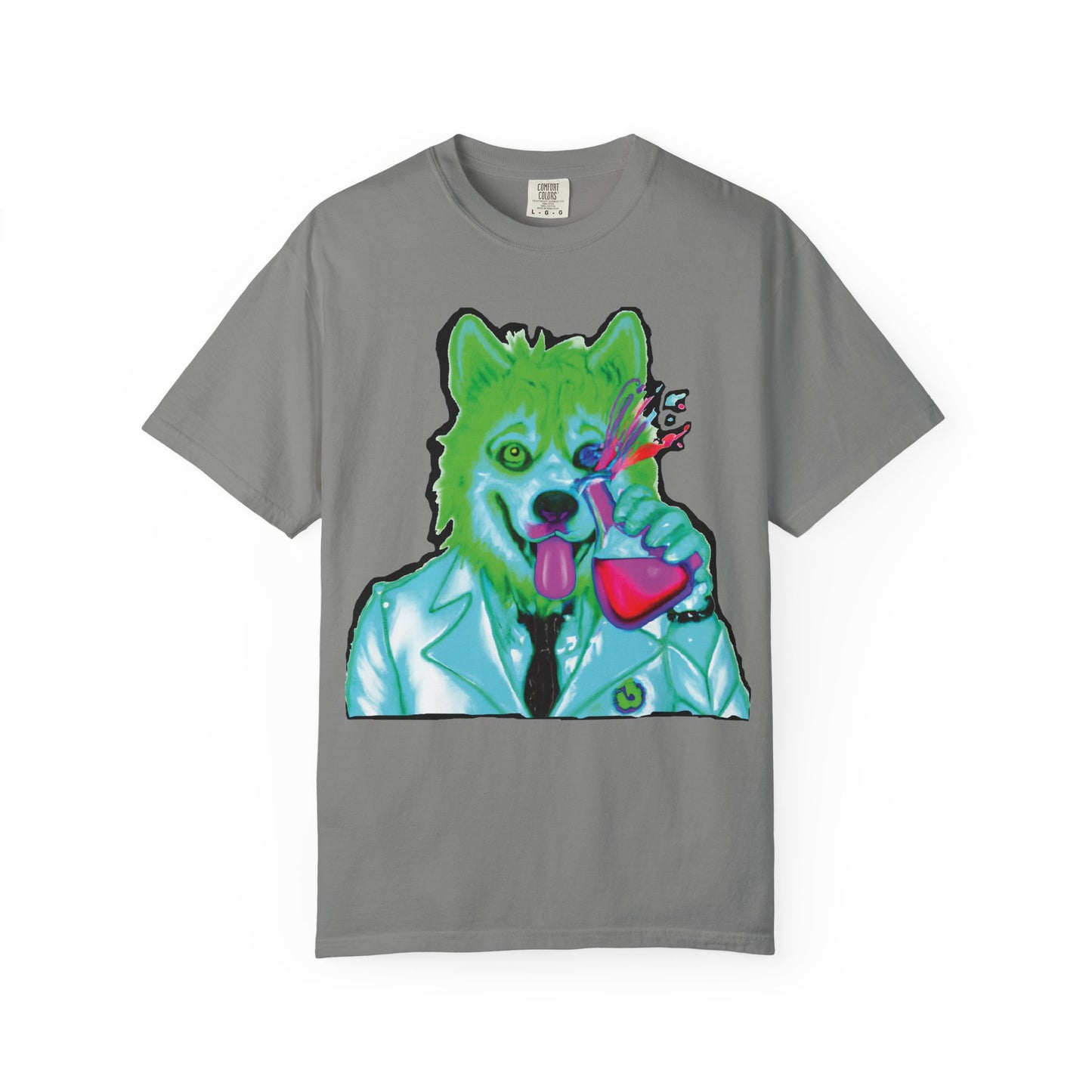 Chemist Wolf Graphic T-Shirt — Green Cartoon Animal Lab Art
