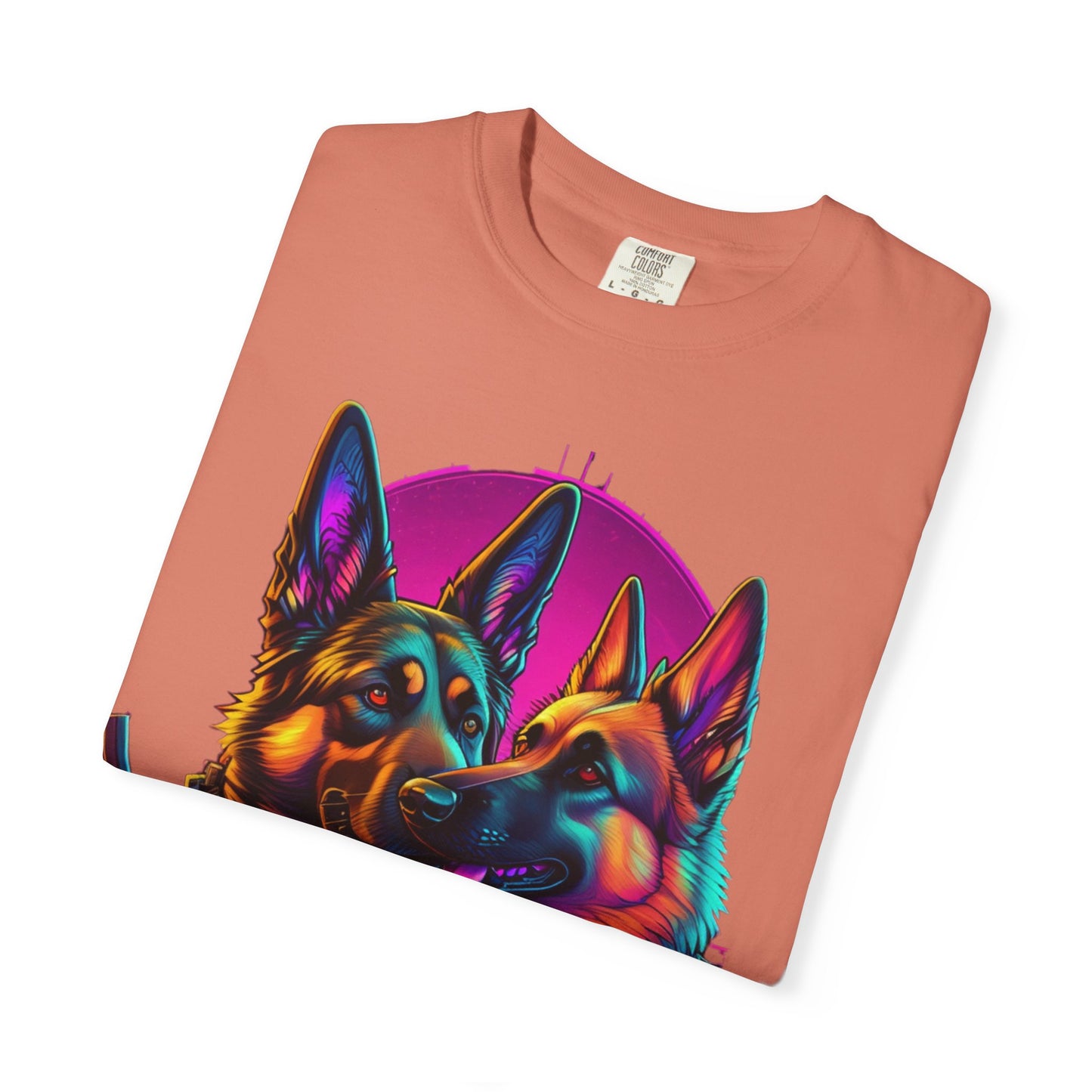 German Shepherd Duo T‑Shirt — Neon Retro K9 Art