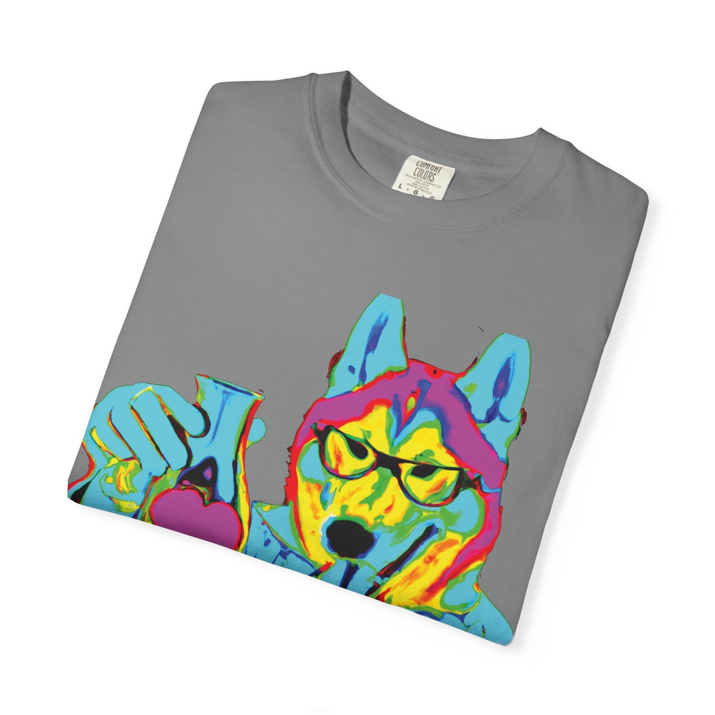 Psychedelic Husky Graphic T-Shirt — Colorful Scientist Dog Design