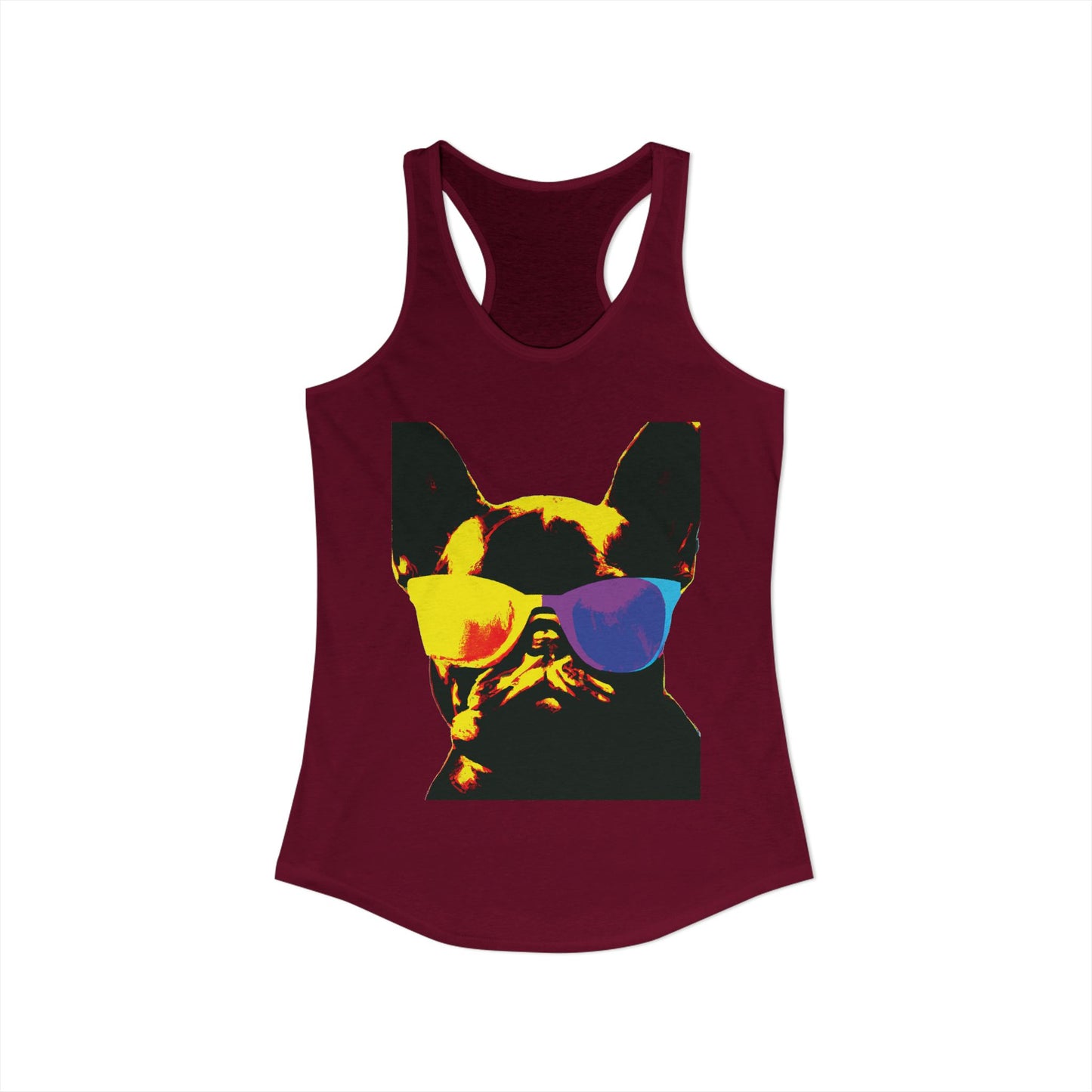 Gold Frenchie Graphic Racerback Tank — "Cool Glasses" French Bulldog Design