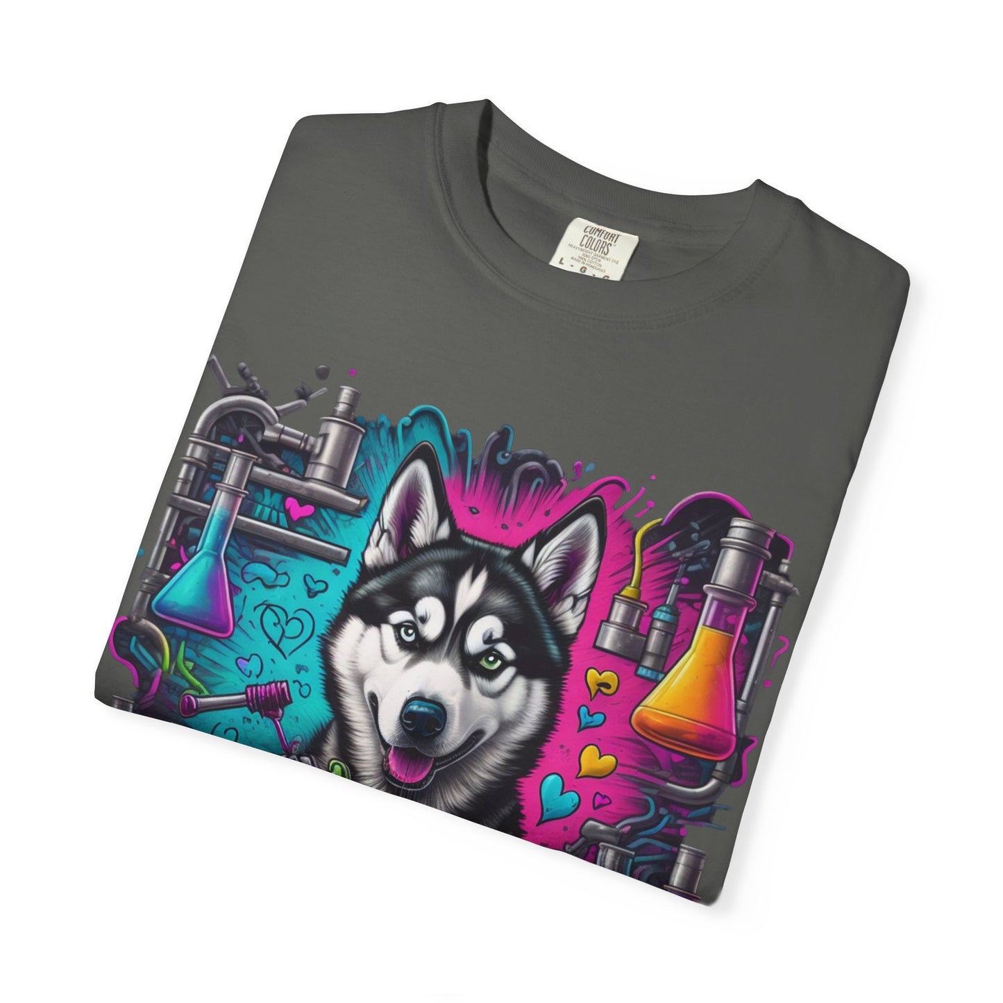 Husky Lab Graphic T-Shirt — Neon Science Dog Tee
