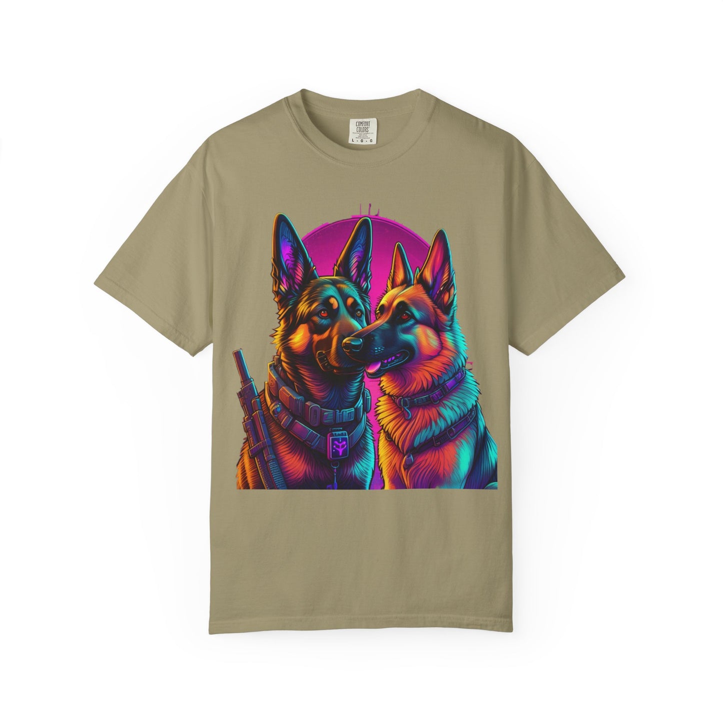 German Shepherd Duo T‑Shirt — Neon Retro K9 Art