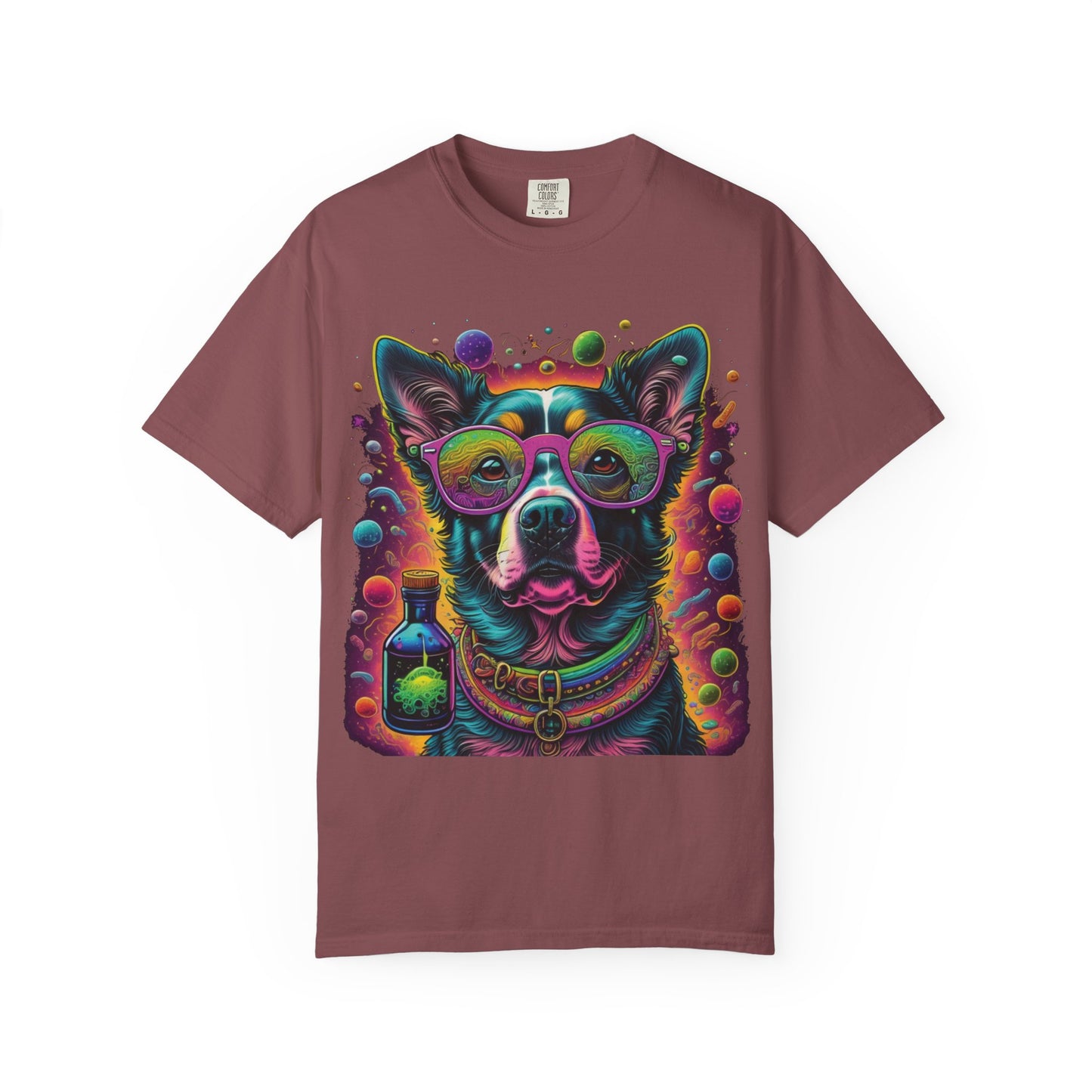 Psychedelic Dog Graphic T-Shirt — Vibrant Neon Pup Art Tee