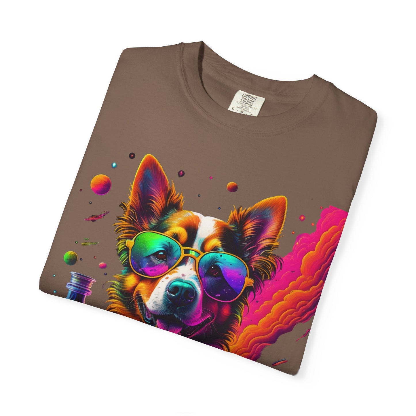 Psychedelic Dog Graphic Tee — Colorful Sunglasses Pup Print