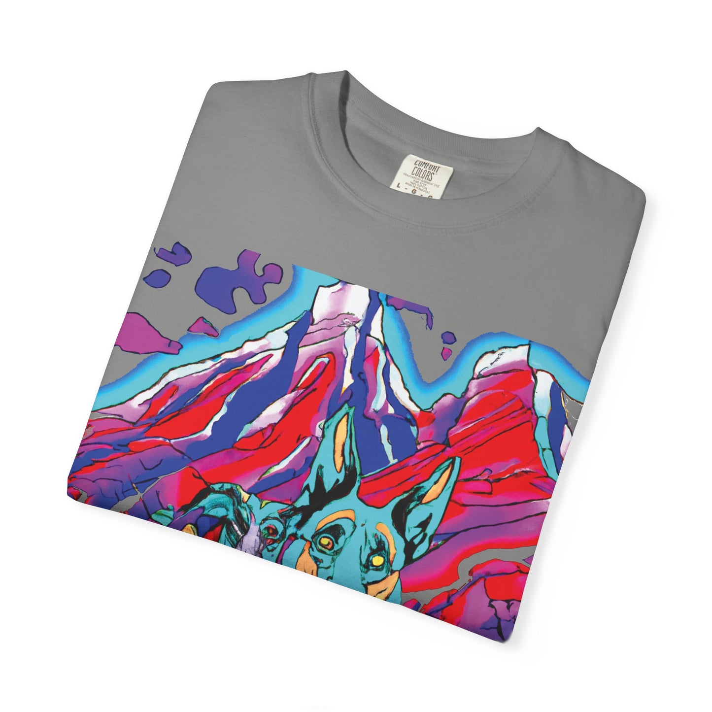 Psychedelic Mountain German Shepherd T-Shirt — Colorful Graphic Tee with Bold Back Script