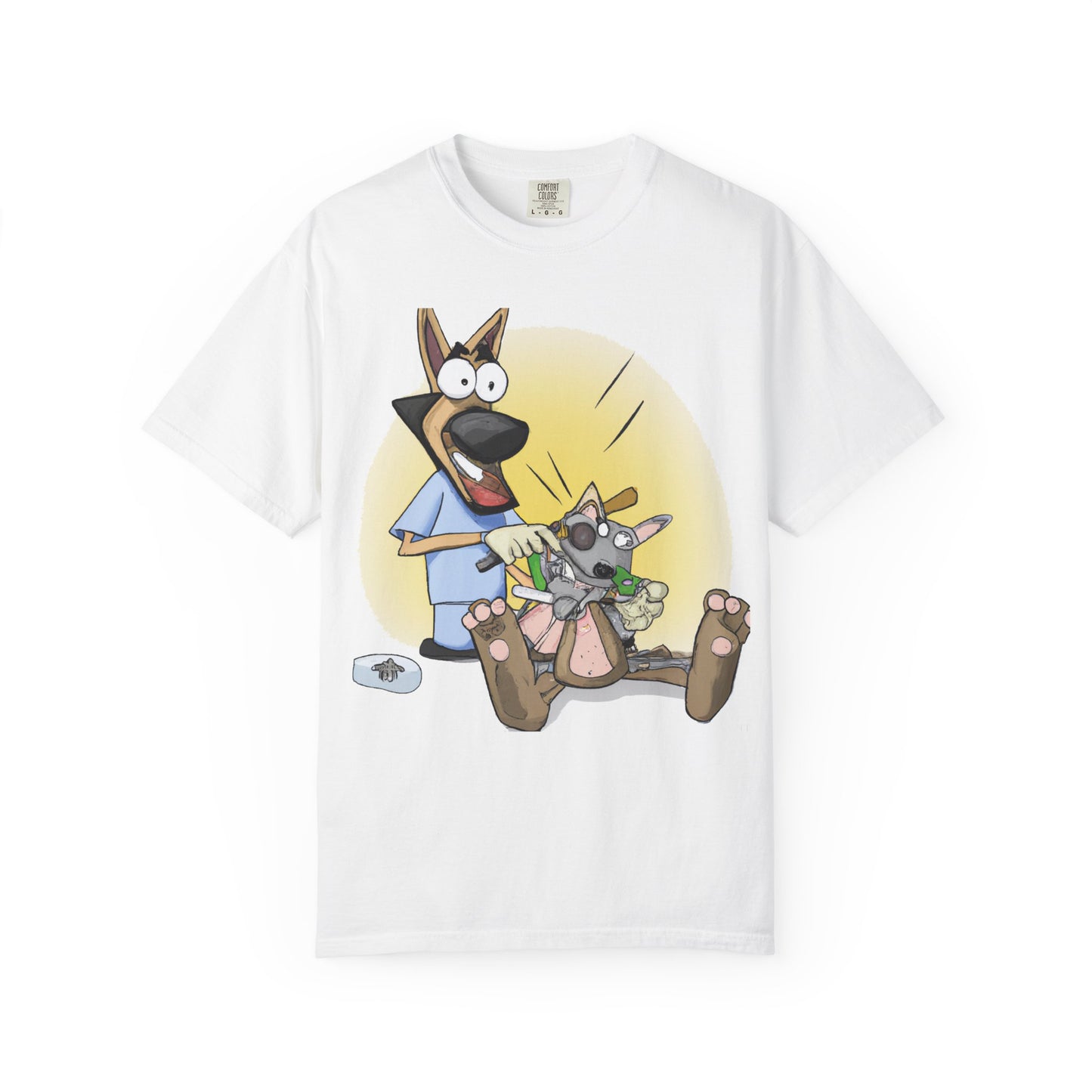 Funny Vet Dog T-Shirt — Cartoon Dog Grooming with 'PLuROUT.com' Back Print