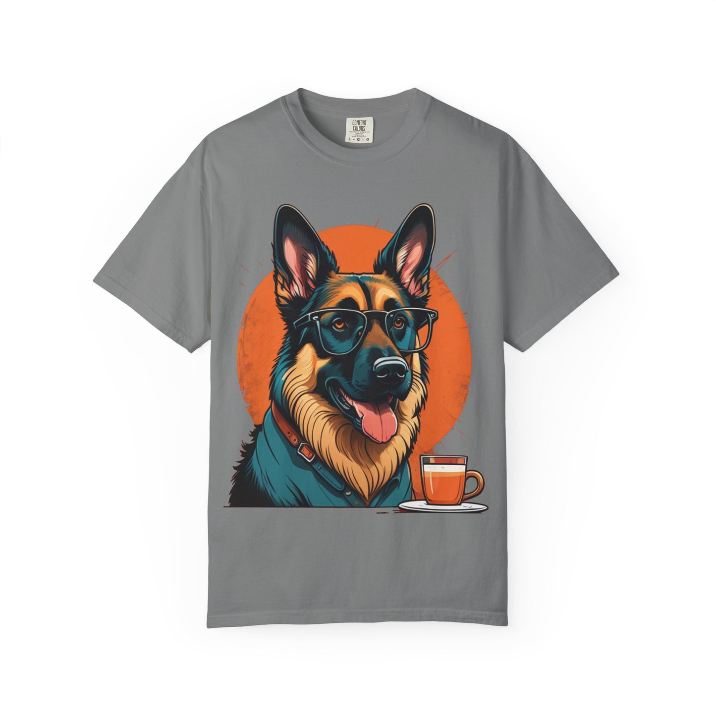 German Shepherd Coffee T-Shirt — Cool Dog Graphic Tee with Sunglasses & Mug