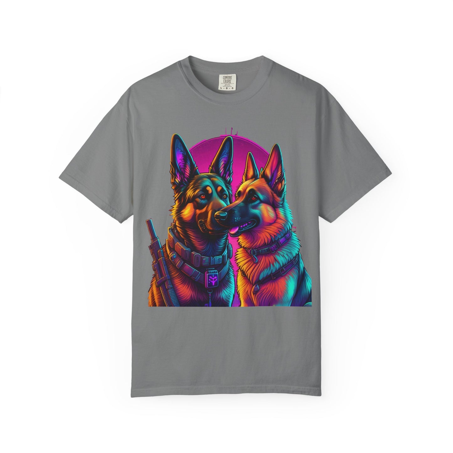 German Shepherd Duo T‑Shirt — Neon Retro K9 Art