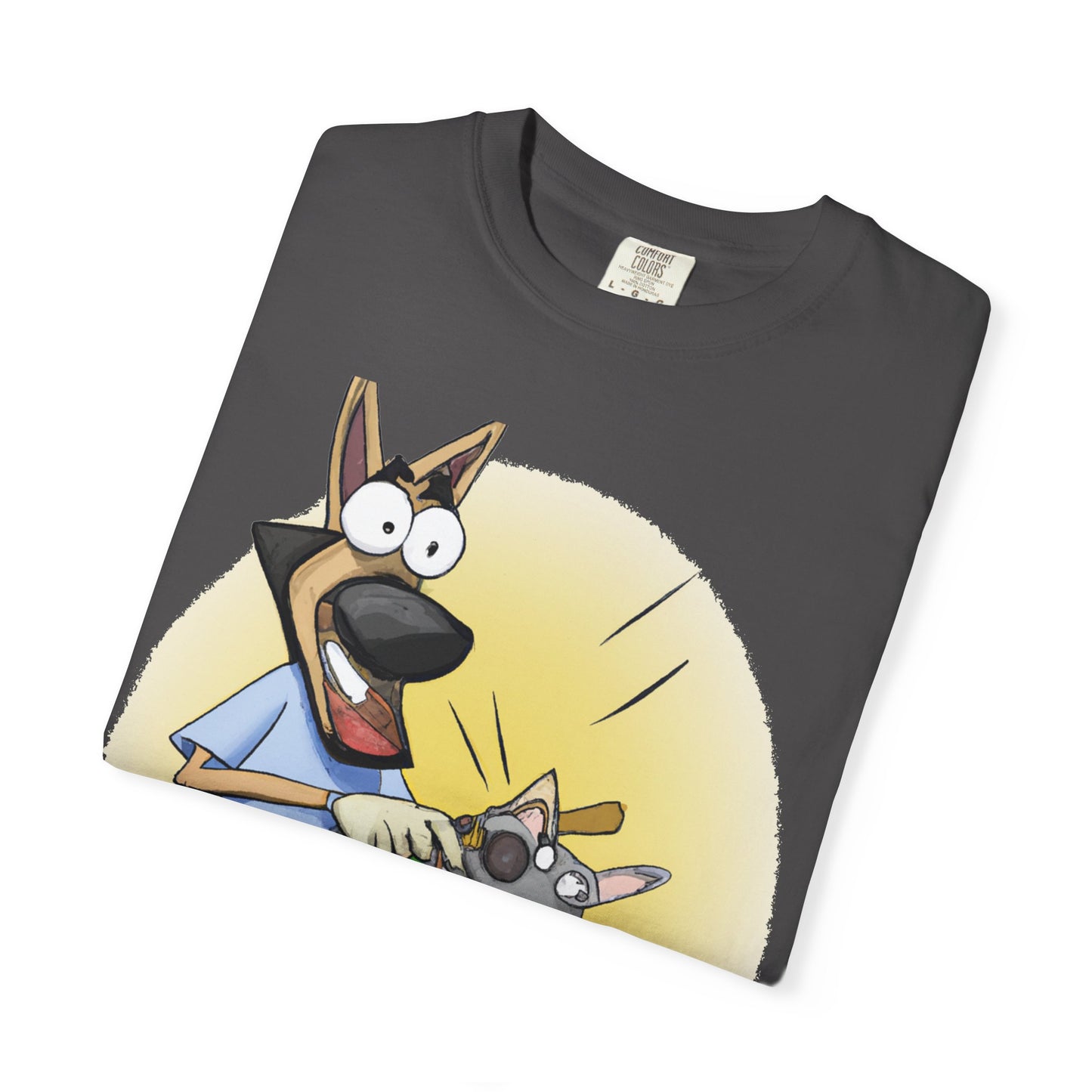 Funny Vet Dog T-Shirt — Cartoon Dog Grooming with 'PLuROUT.com' Back Print