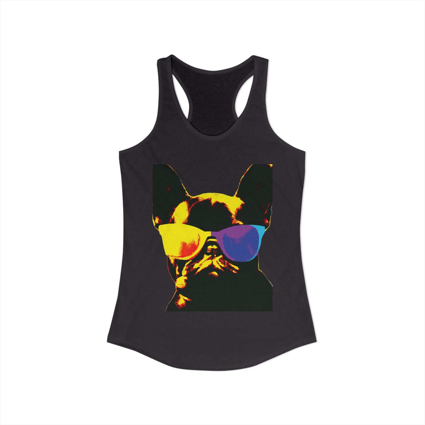 Gold Frenchie Graphic Racerback Tank — "Cool Glasses" French Bulldog Design
