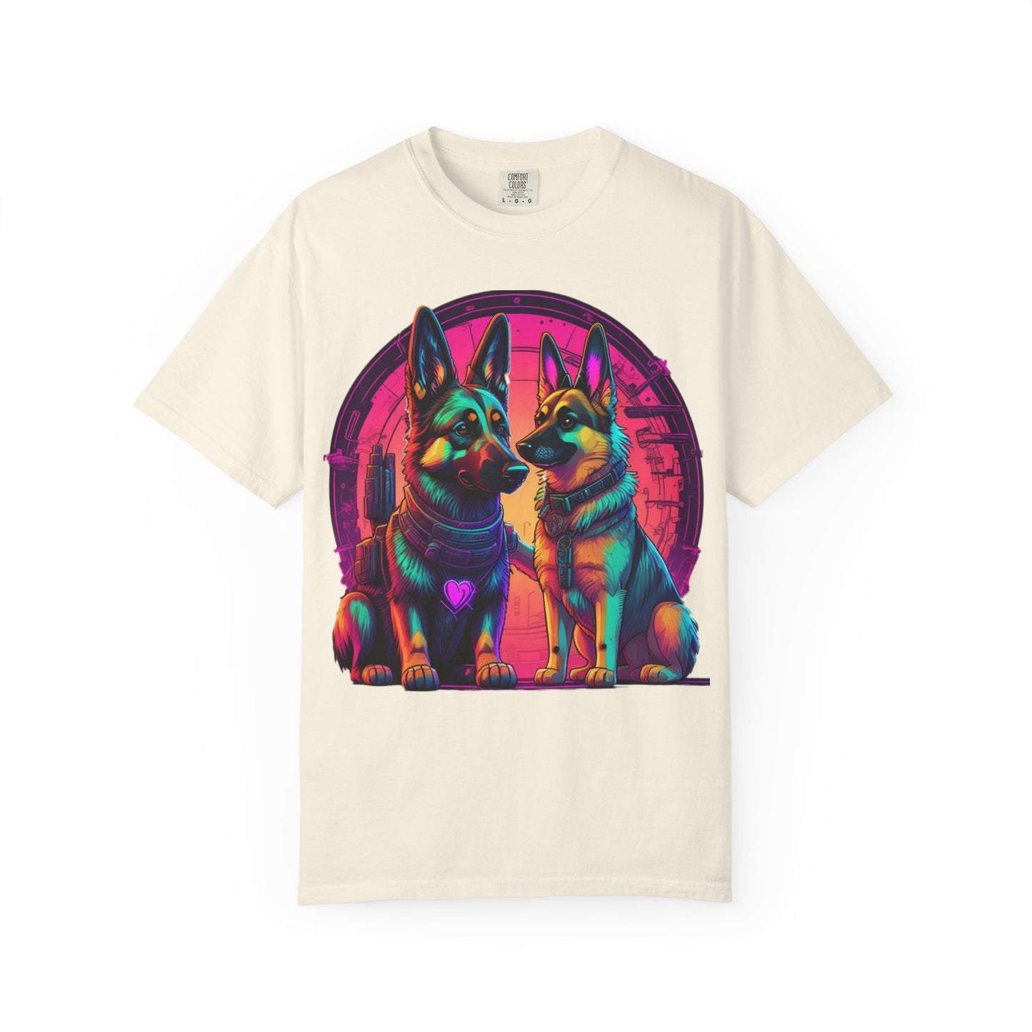 German Shepherd T-Shirt — Neon Retro Dog Duo Graphic Tee