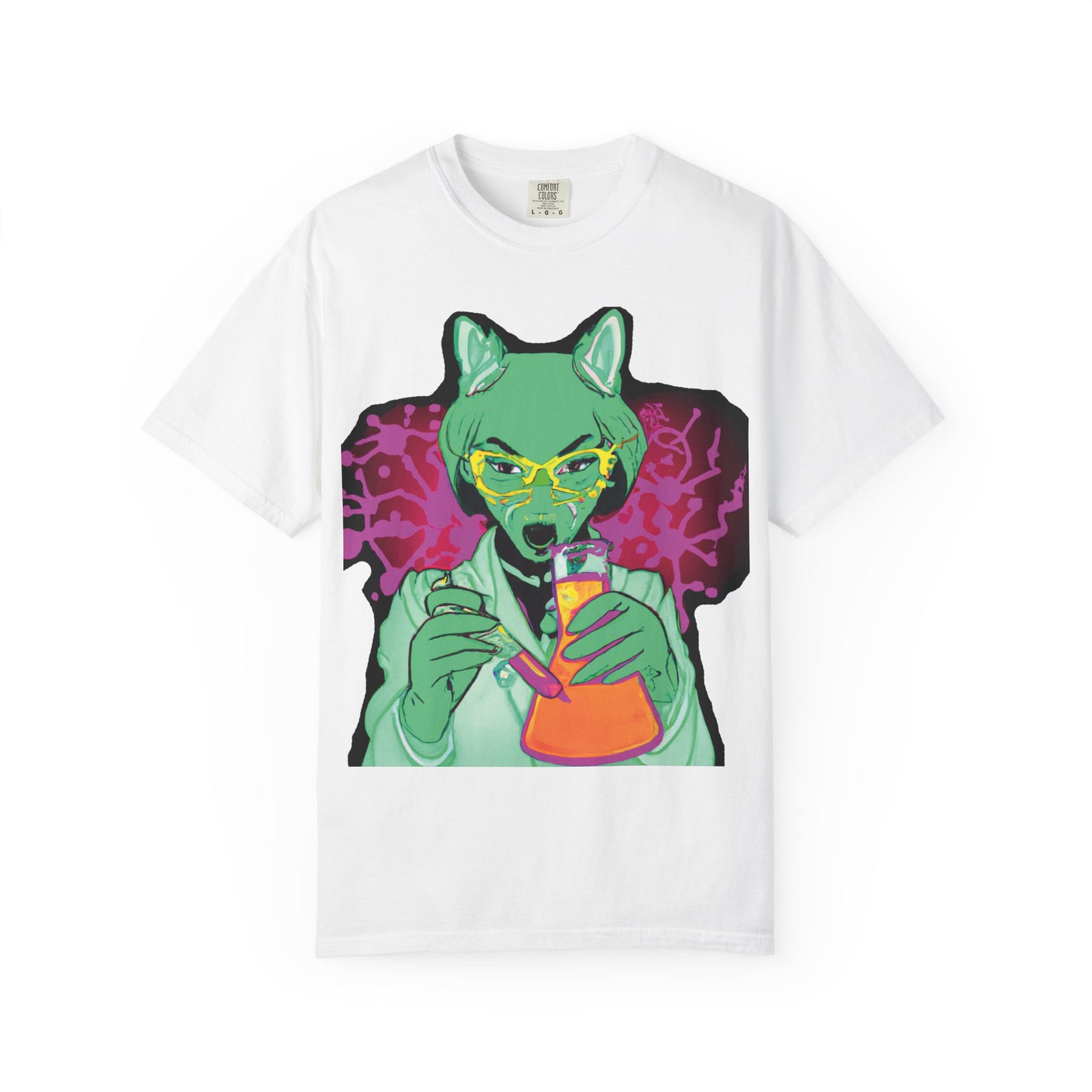 Psychedelic Fox Chemist T-Shirt — Green Fox with Beaker Graphic