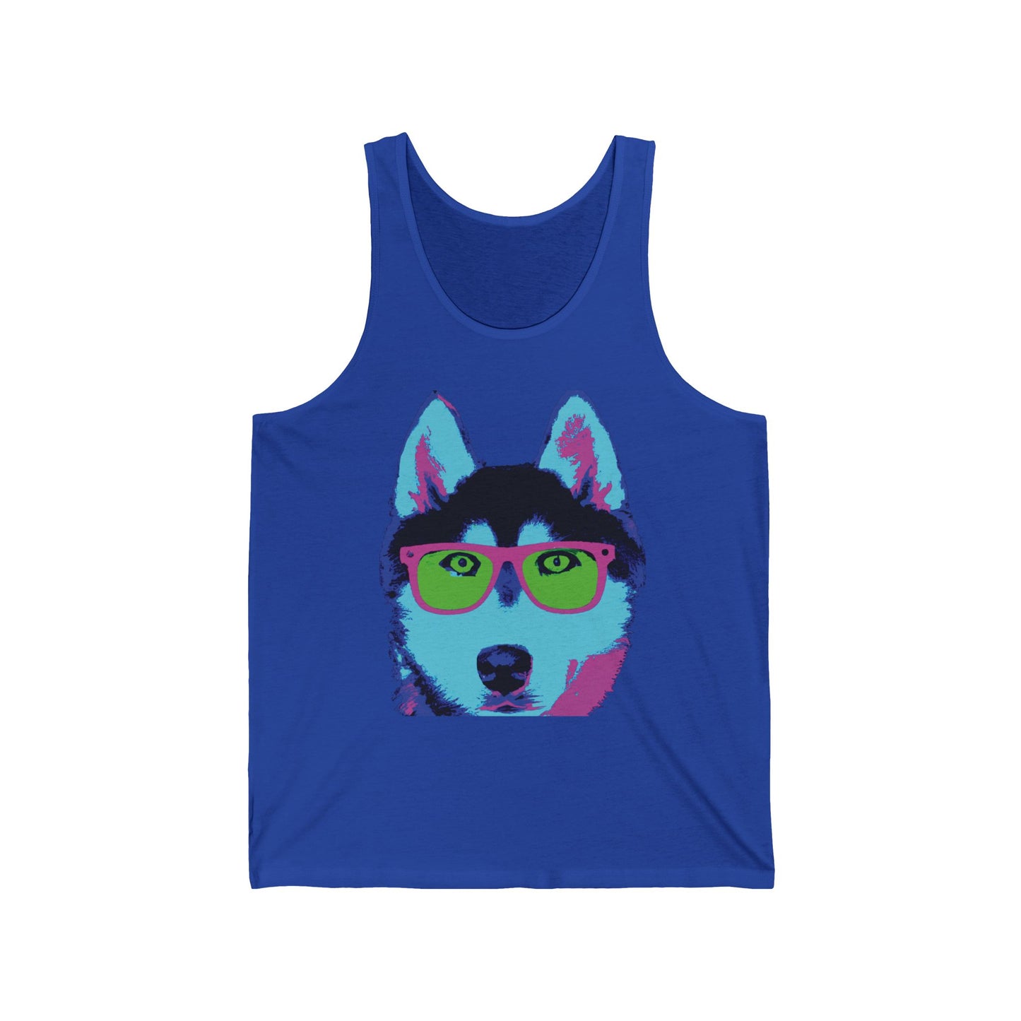 Pop Art Husky Tank Top — Colorful Dog Face Tank with 'Plurout.com' Accent