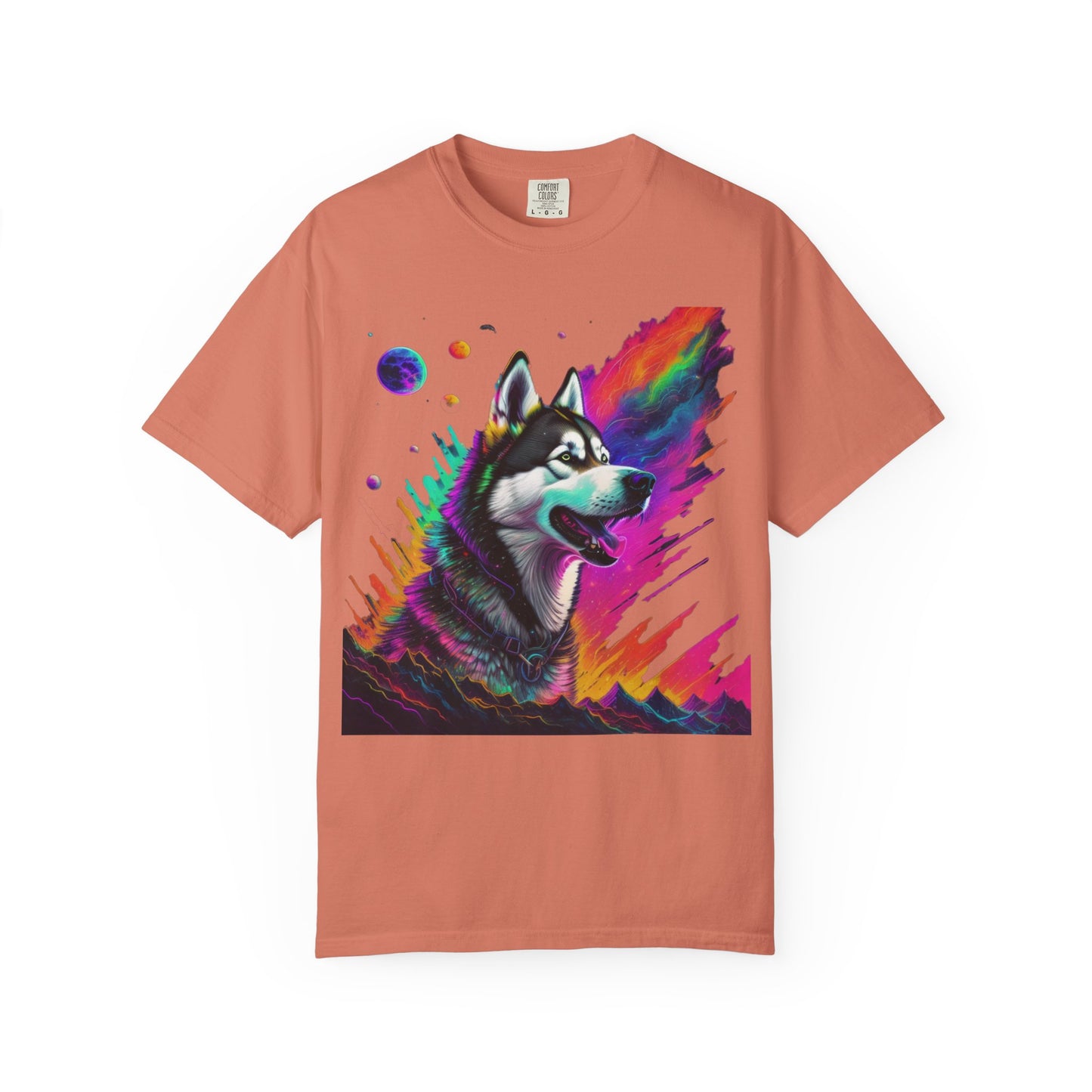 Husky Nebula T-Shirt — Colorful Cosmic Dog Art Tee