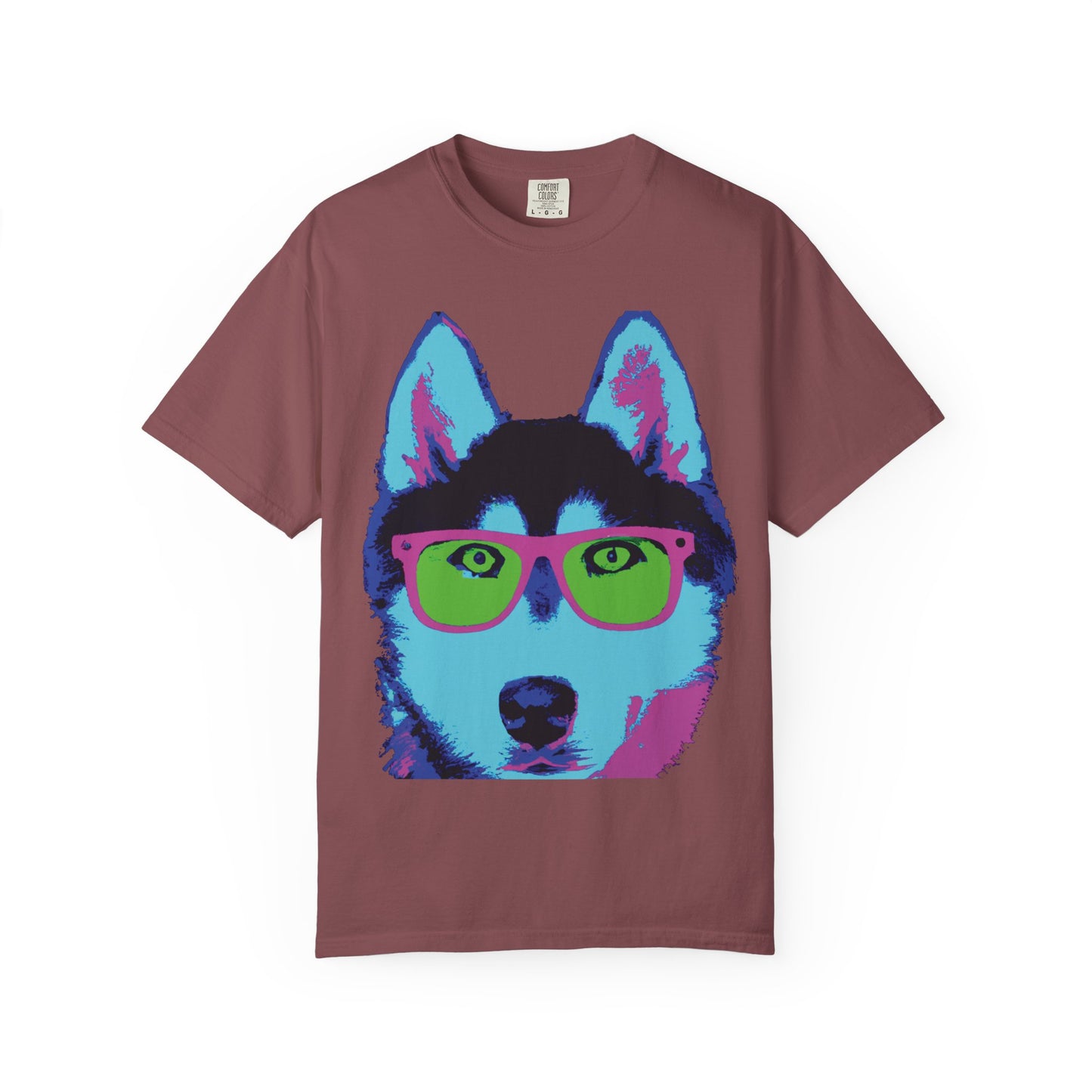 Pop Art Husky T-Shirt — Colorful Dog Face with Sunglasses, Back 'PLURout.com' Graphic