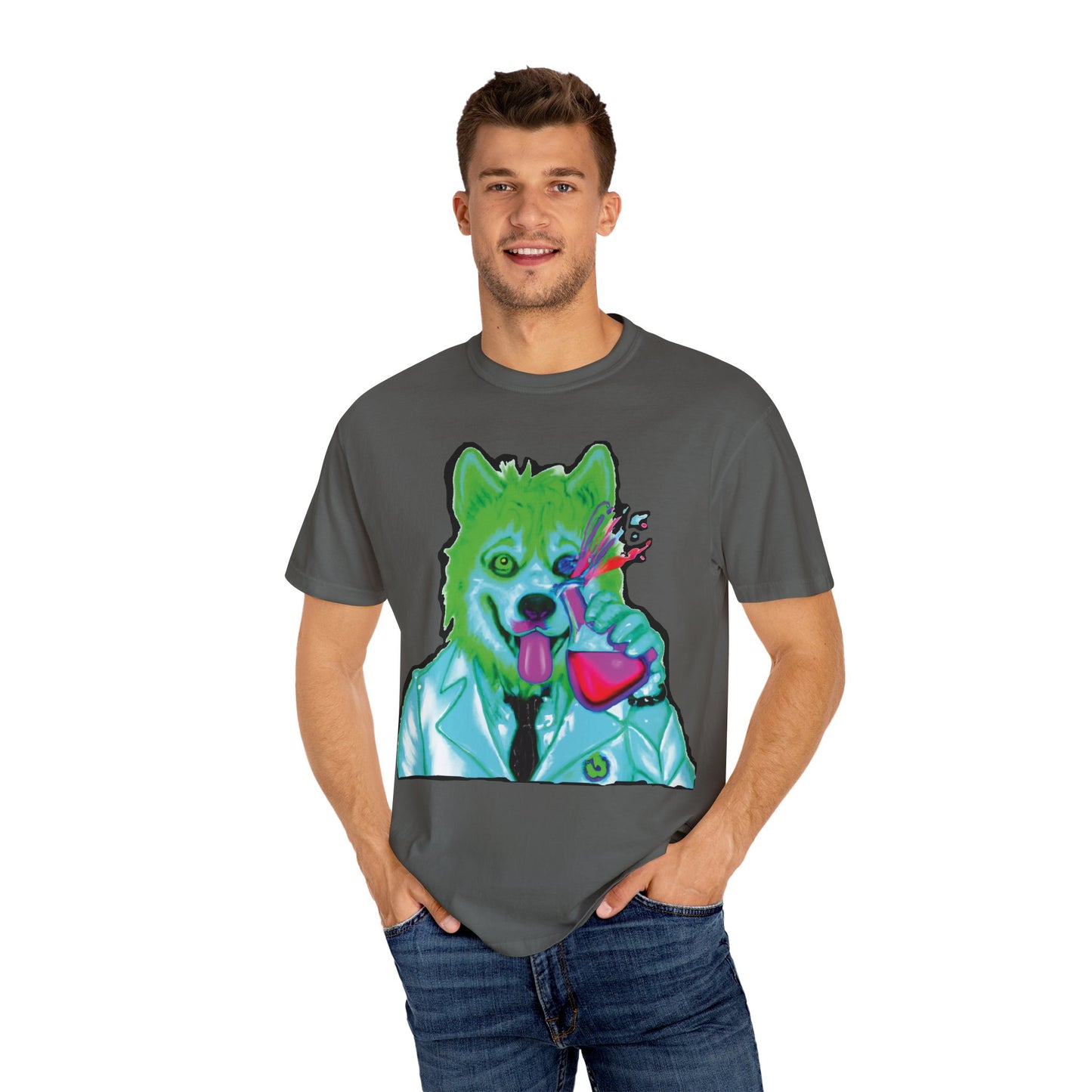 Chemist Wolf Graphic T-Shirt — Green Cartoon Animal Lab Art