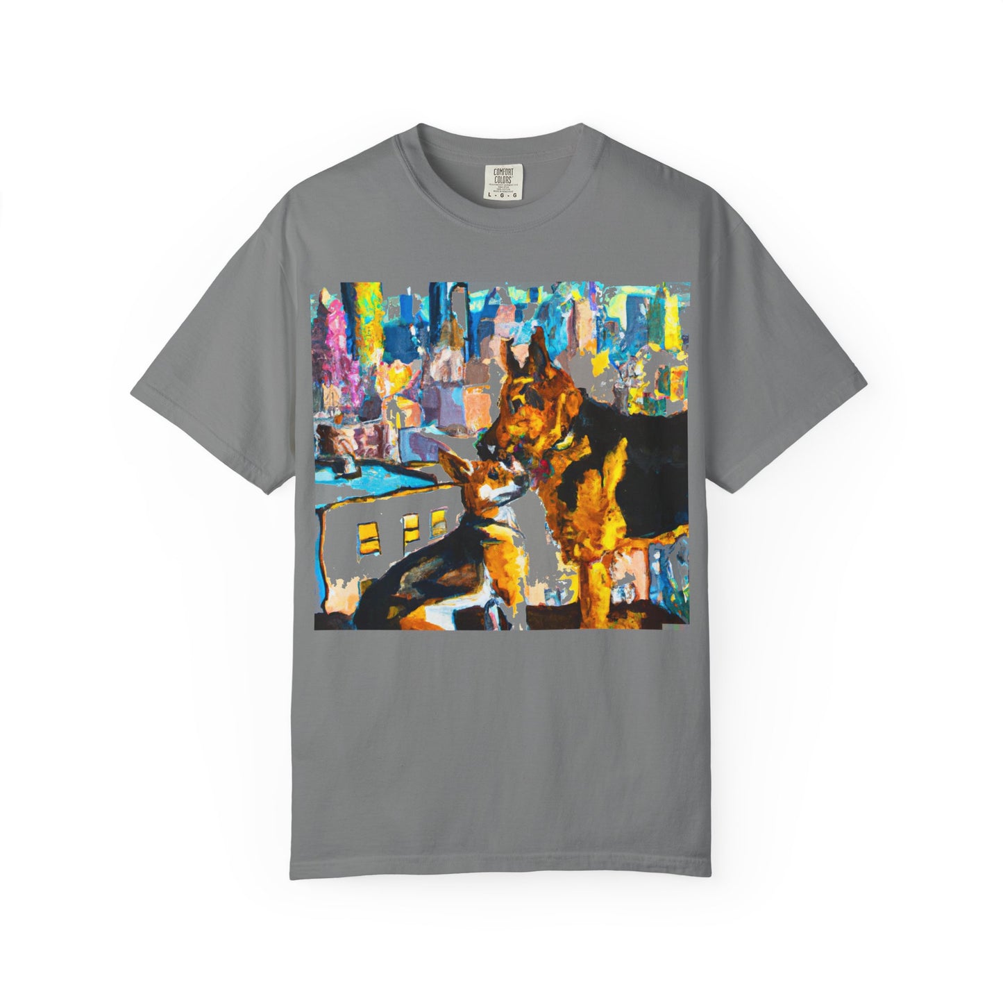 Dog Art T-Shirt — Colorful Urban Canine Print (Back Logo "PLUKOUT.com")