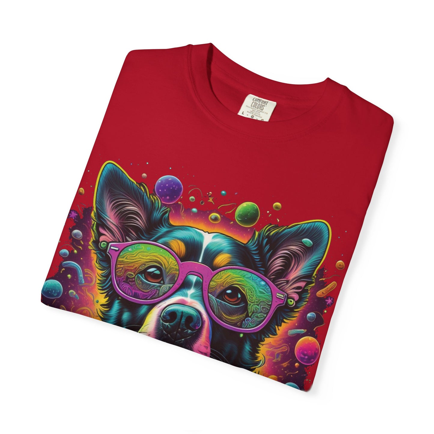 Psychedelic Dog Graphic T-Shirt — Vibrant Neon Pup Art Tee