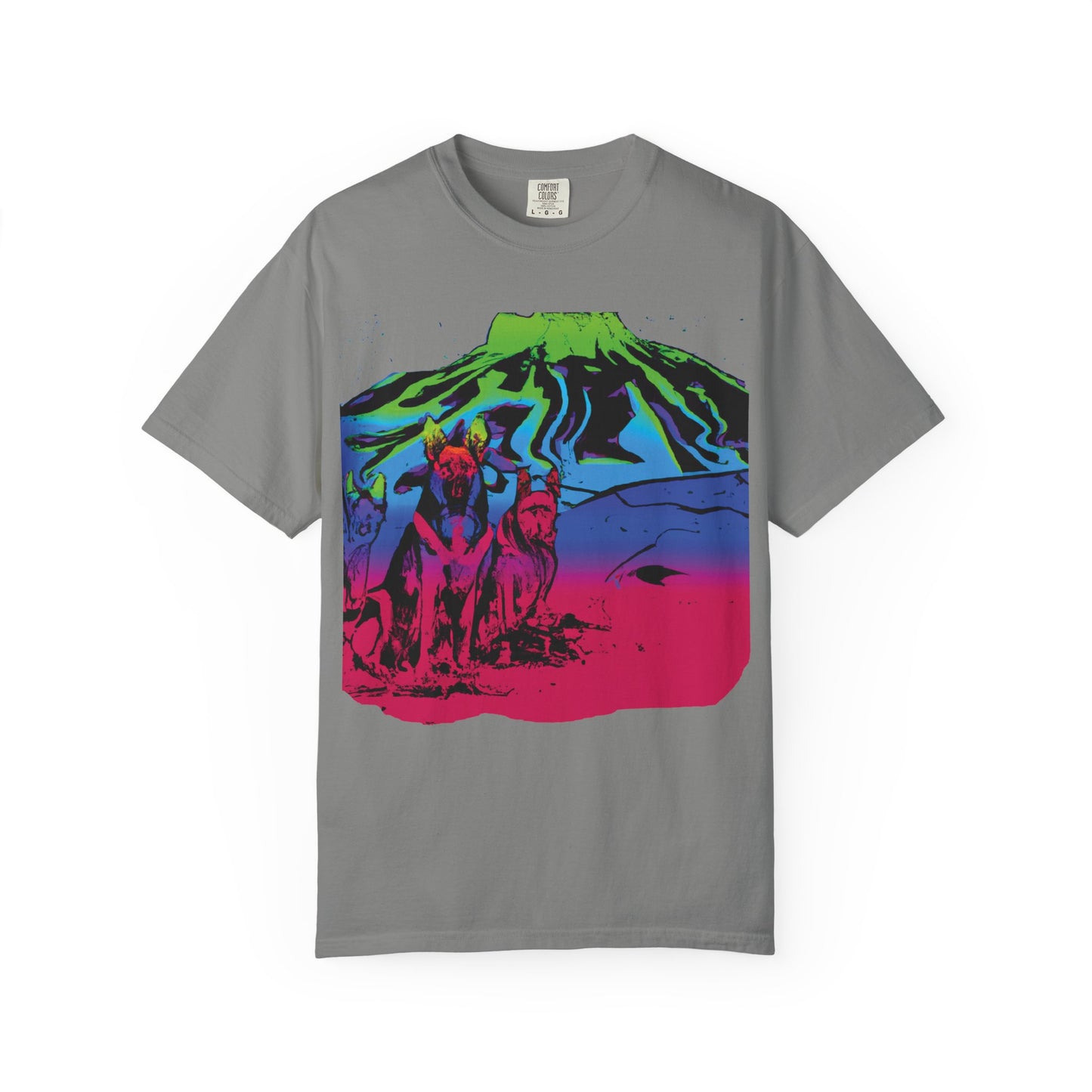 Psychedelic Volcano Dogs T-Shirt — Neon Mountain Graphic Tee