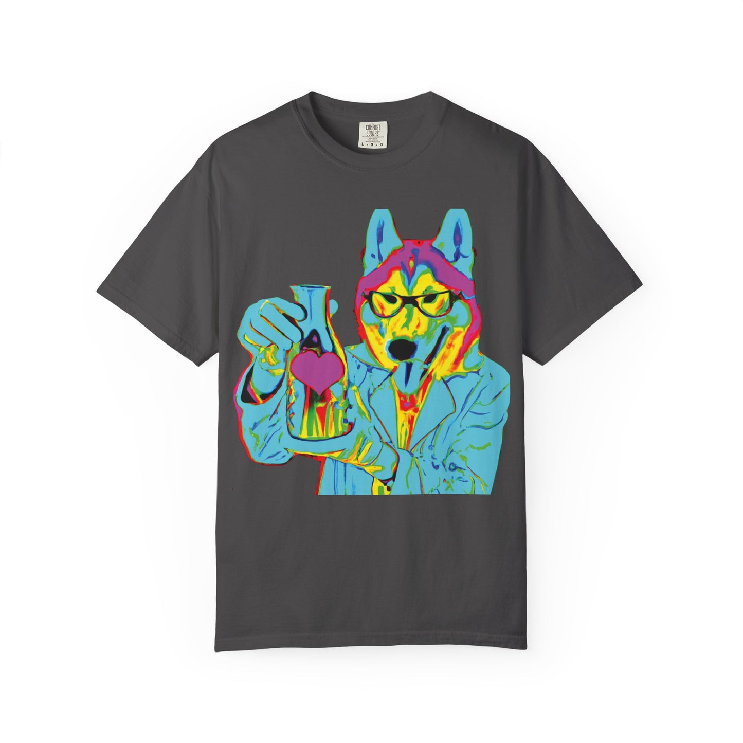 Psychedelic Husky Graphic T-Shirt — Colorful Scientist Dog Design
