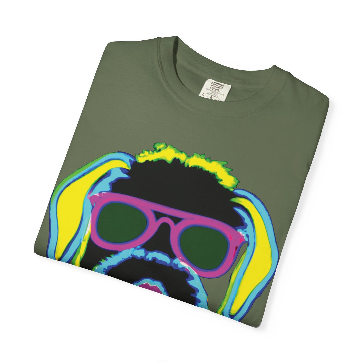 Neon Cool Dog Graphic T-Shirt — Sunglasses Pup Tee with PlurOut Backprint