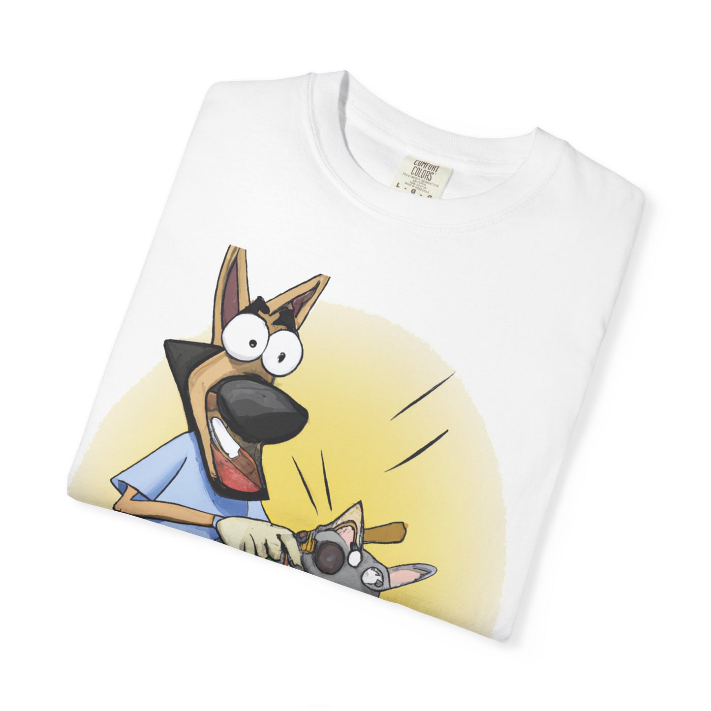 Funny Vet Dog T-Shirt — Cartoon Dog Grooming with 'PLuROUT.com' Back Print