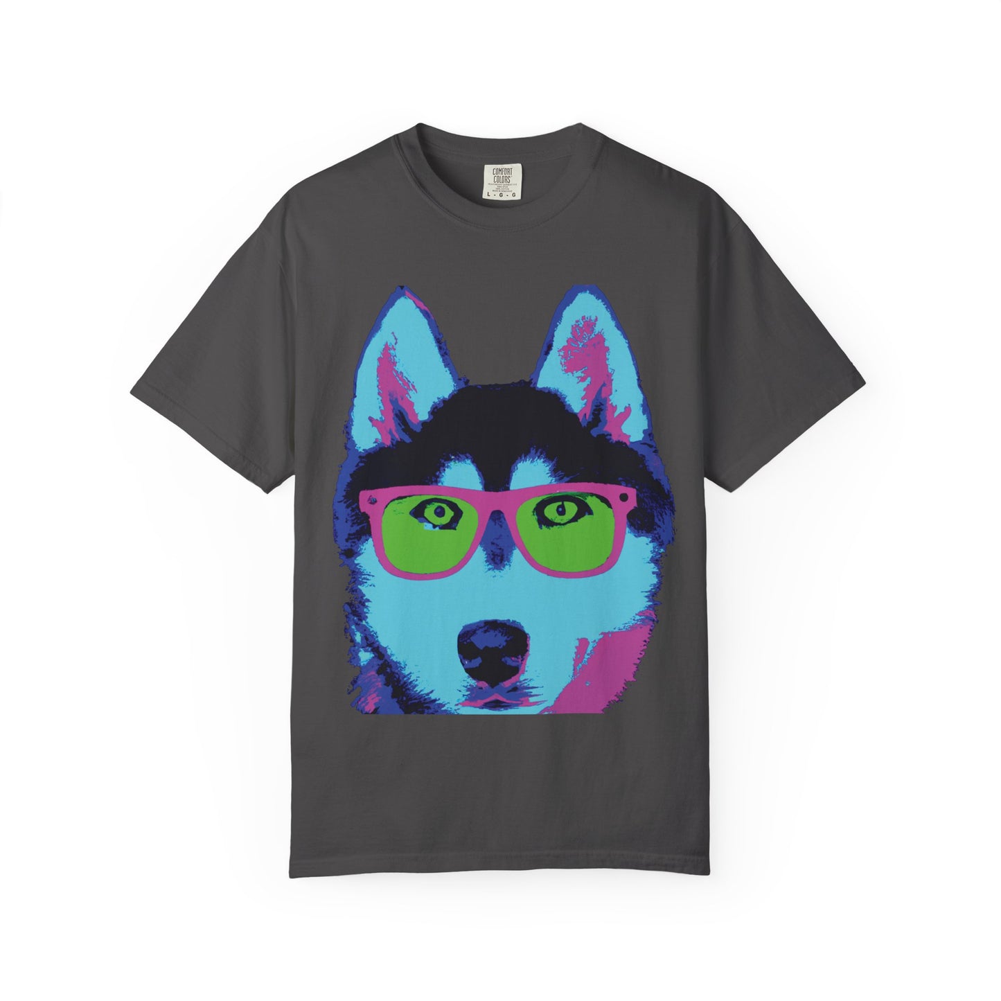 Pop Art Husky T-Shirt — Colorful Dog Face with Sunglasses, Back 'PLURout.com' Graphic