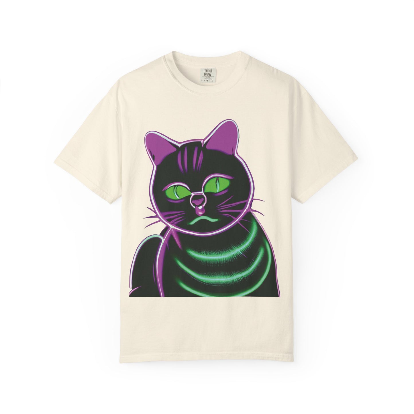 Neon Black Cat Graphic T-Shirt — Glow Green/Purple Cat Tee