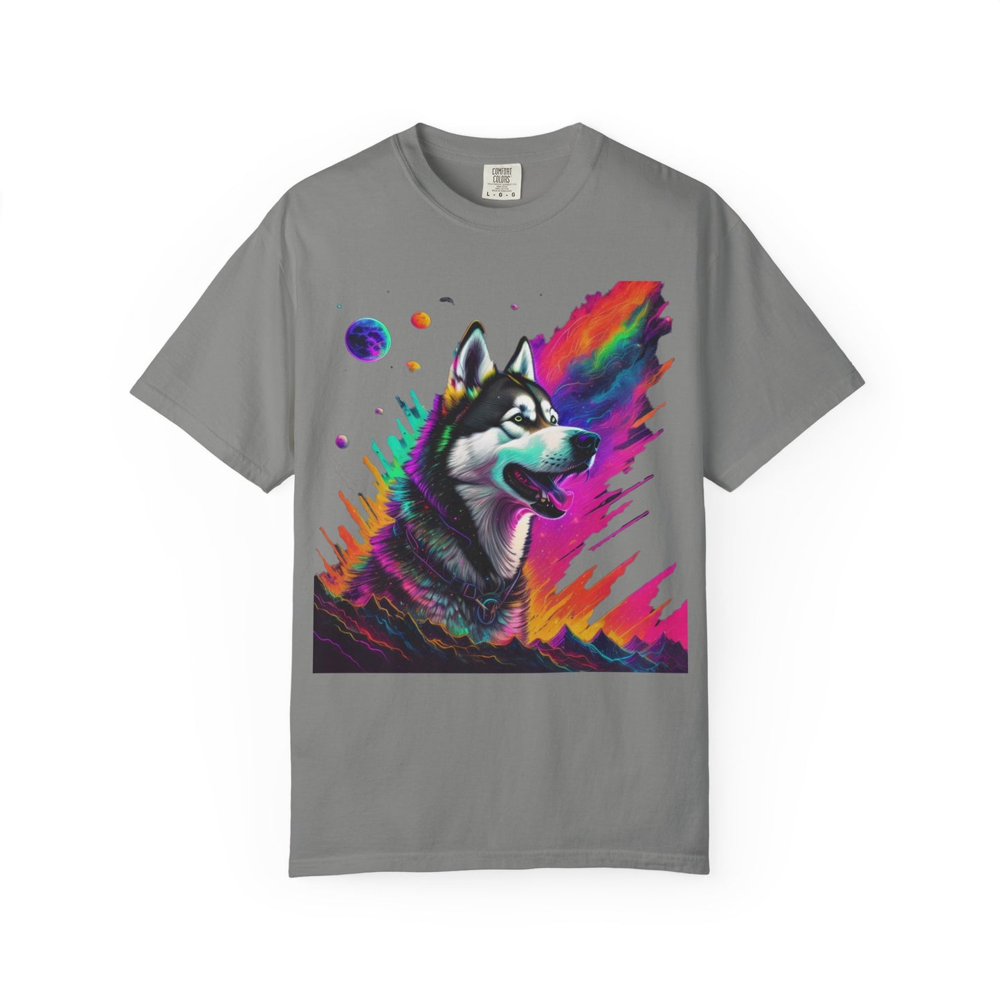 Husky Nebula T-Shirt — Colorful Cosmic Dog Art Tee