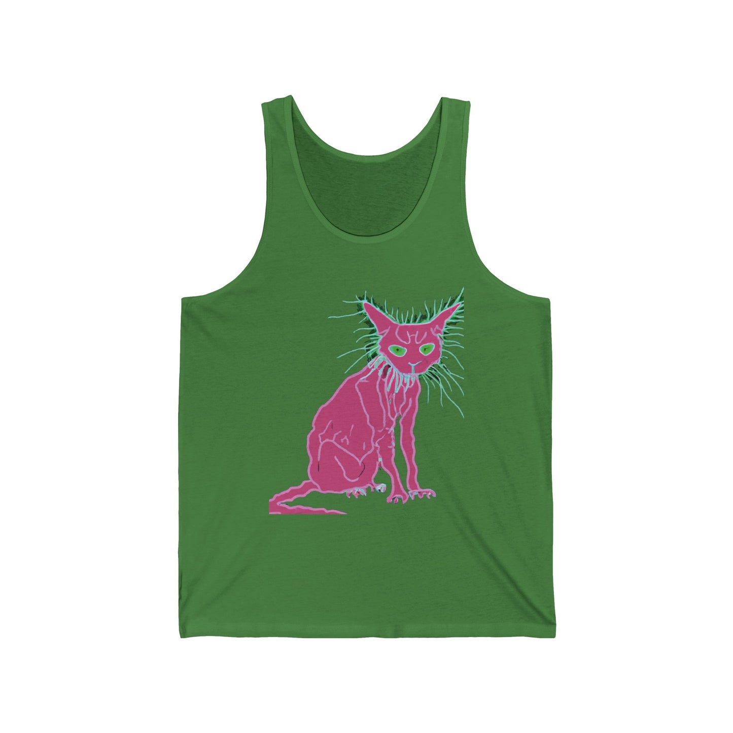 Sphynx Cat Neon Graphic Tank Top — Retro Pink & Green Hairless Cat Design