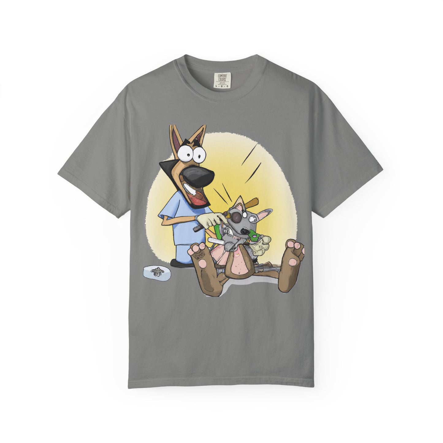 Funny Vet Dog T-Shirt — Cartoon Dog Grooming with 'PLuROUT.com' Back Print