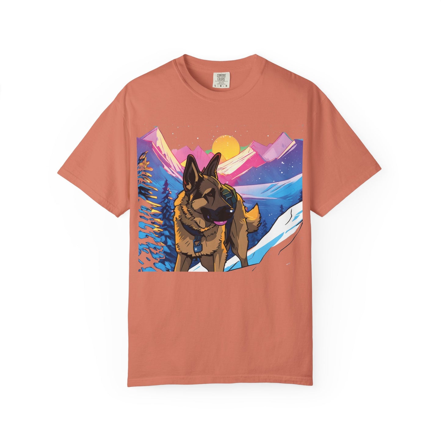 German Shepherd Mountain Sunset T-Shirt — Scenic Dog Graphic Tee