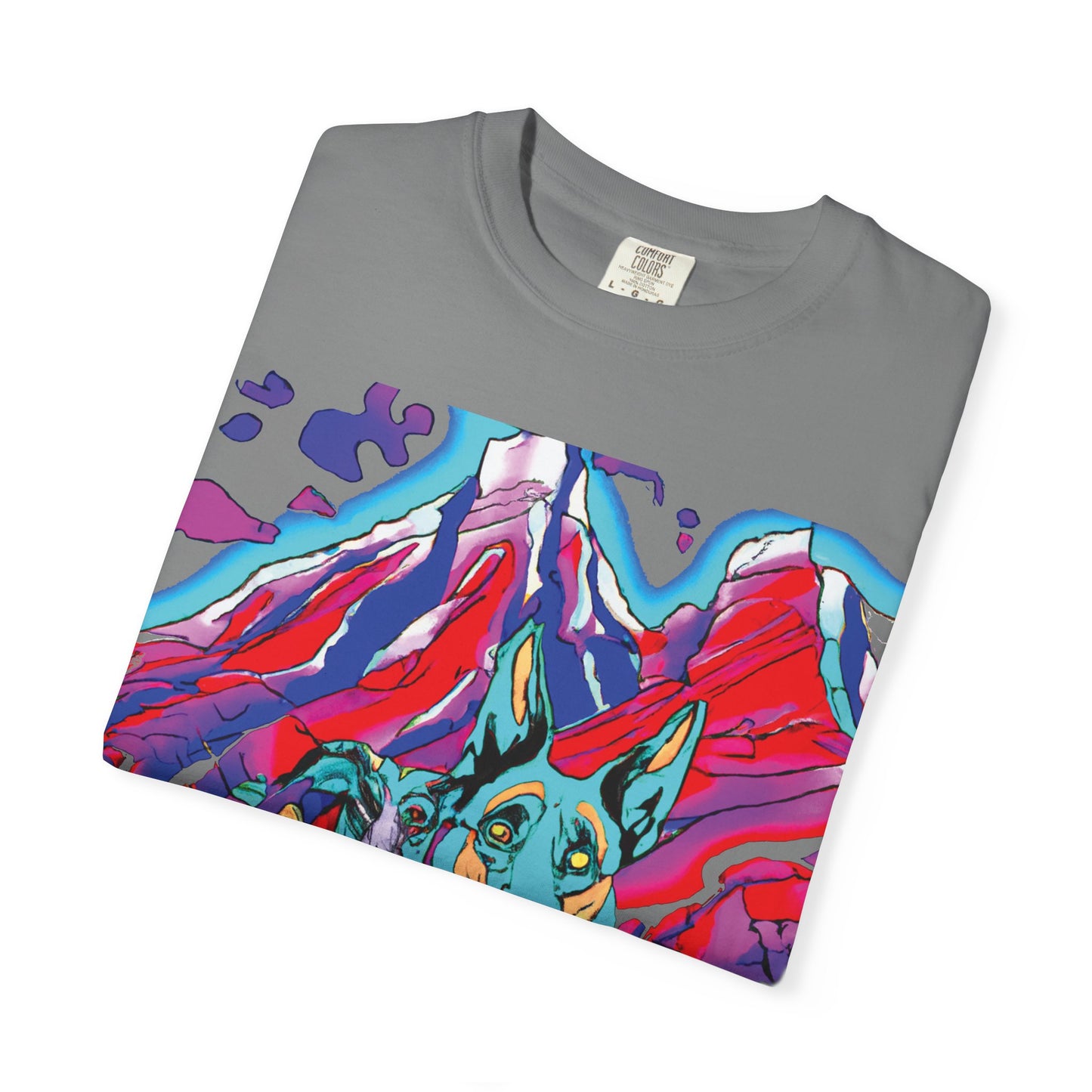 Psychedelic Mountain German Shepherd T-Shirt — Colorful Graphic Tee with Bold Back Script
