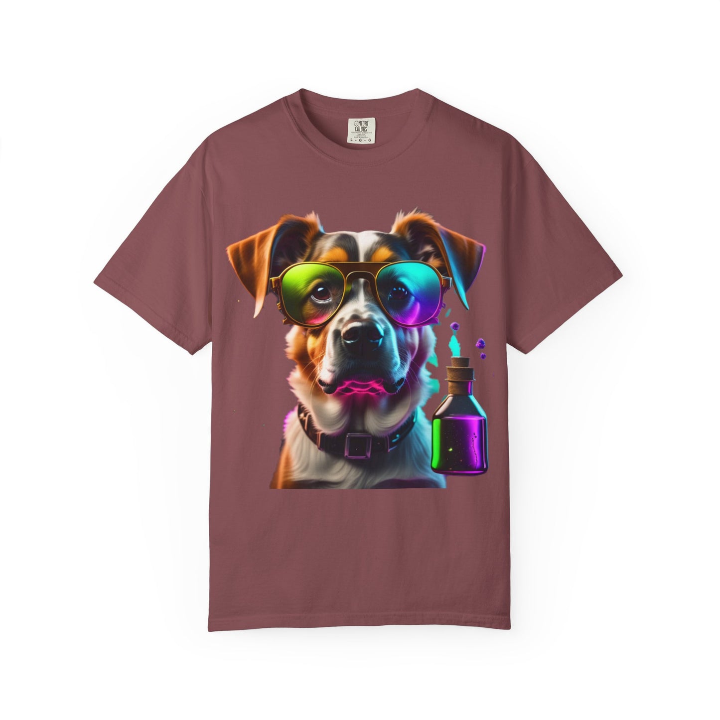 Dog Chemist Graphic T-Shirt — Colorful Lab Pup Design with 'Plurout.com' Backprint