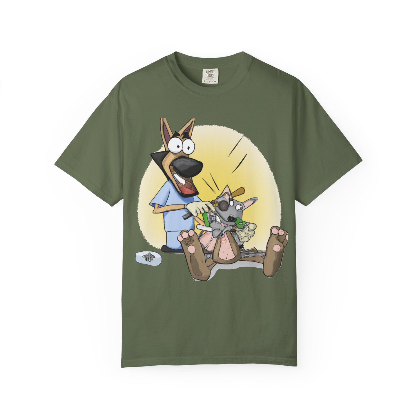 Funny Vet Dog T-Shirt — Cartoon Dog Grooming with 'PLuROUT.com' Back Print