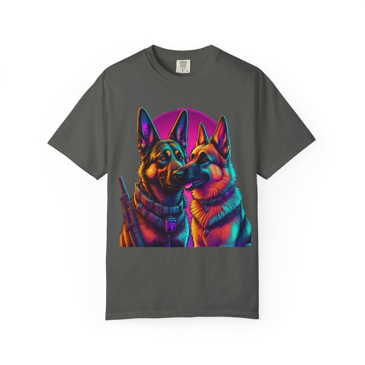 German Shepherd Duo T‑Shirt — Neon Retro K9 Art