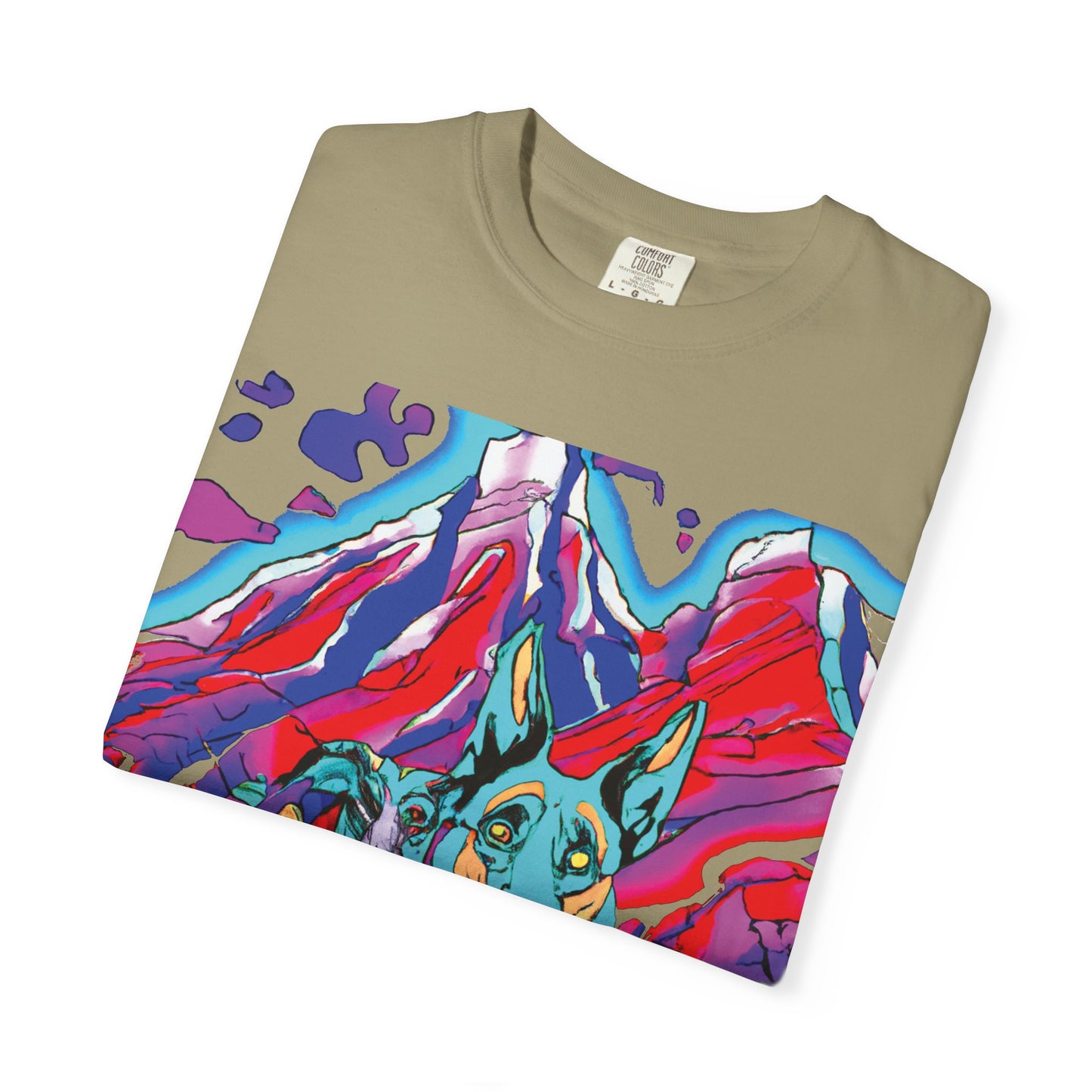 Psychedelic Mountain German Shepherd T-Shirt — Colorful Graphic Tee with Bold Back Script
