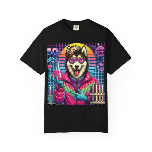 Retro Husky Scientist T-Shirt — Neon 80s Vaporwave Dog Lab Tee