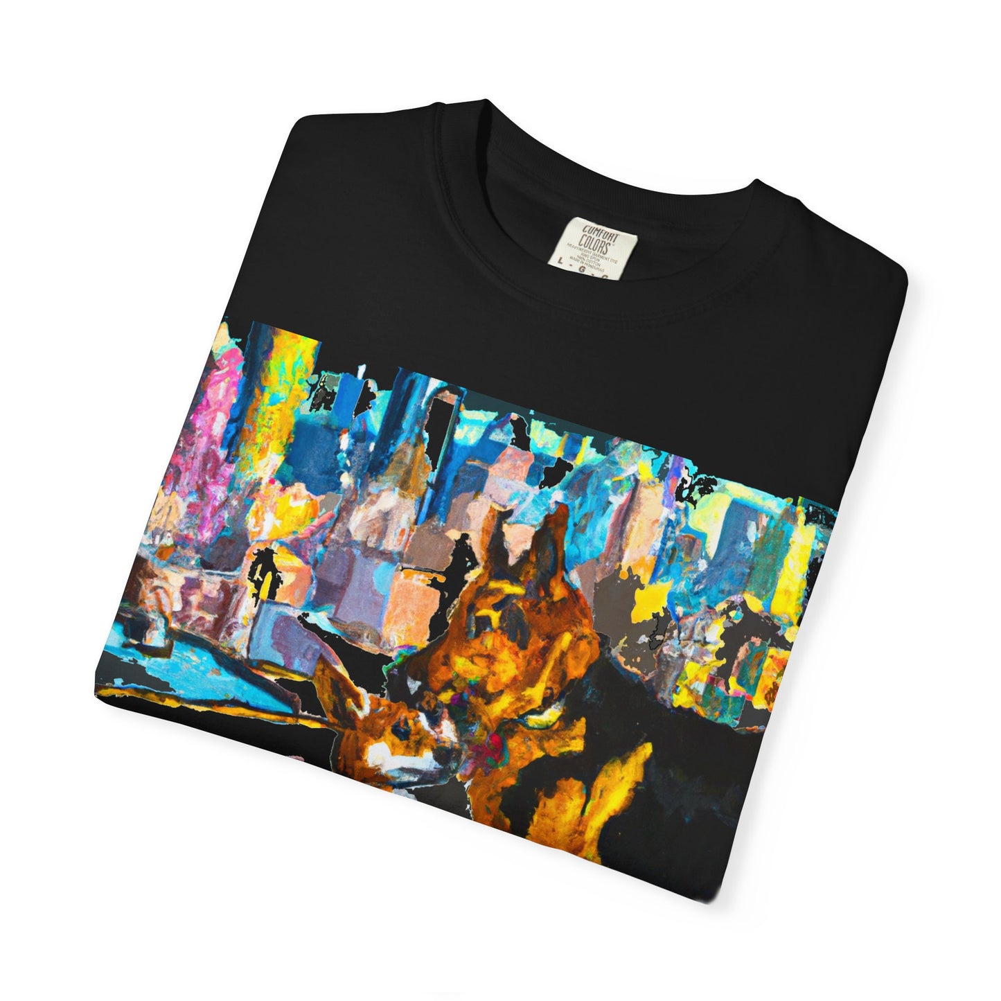 Dog Art T-Shirt — Colorful Urban Canine Print (Back Logo "PLUKOUT.com")