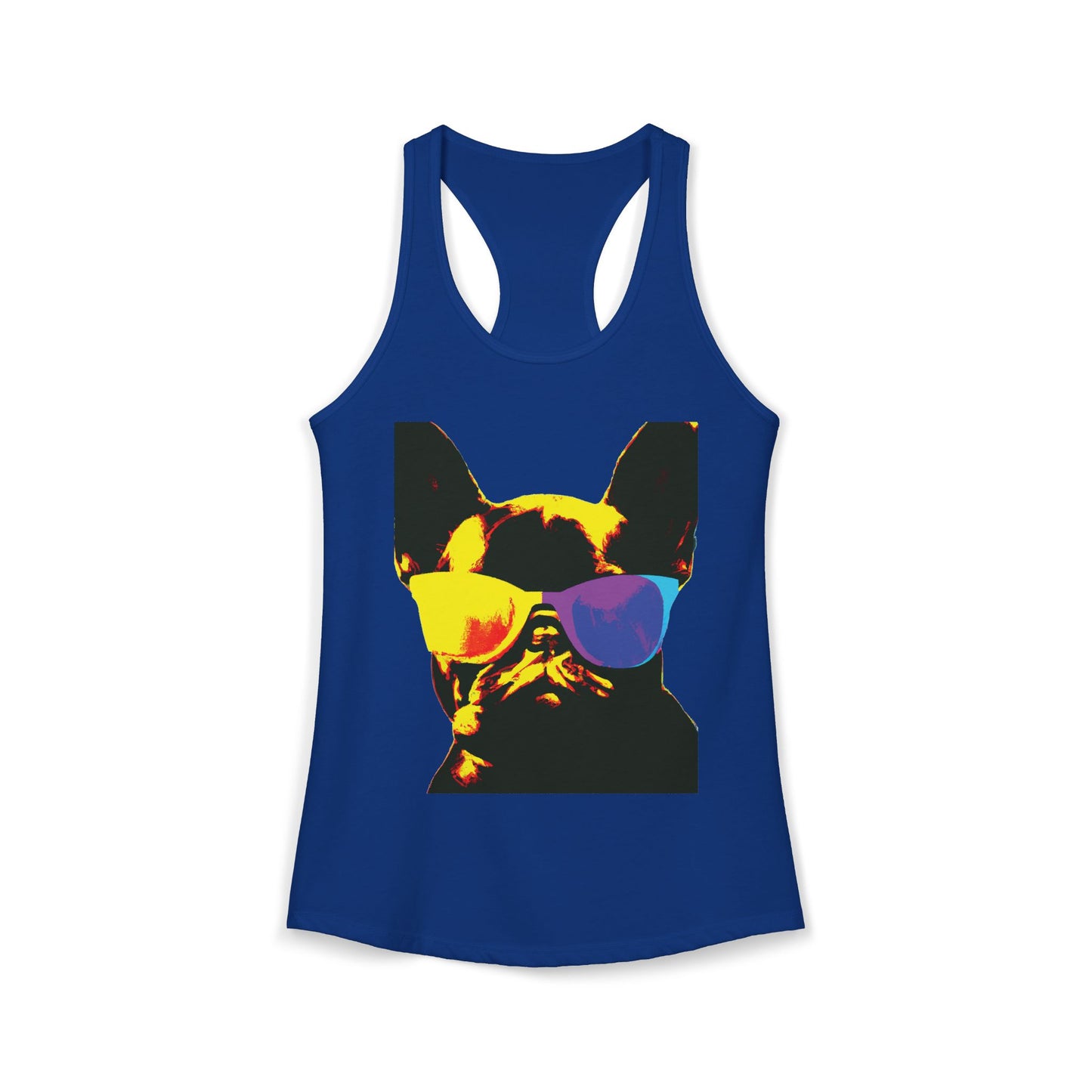 Gold Frenchie Graphic Racerback Tank — "Cool Glasses" French Bulldog Design