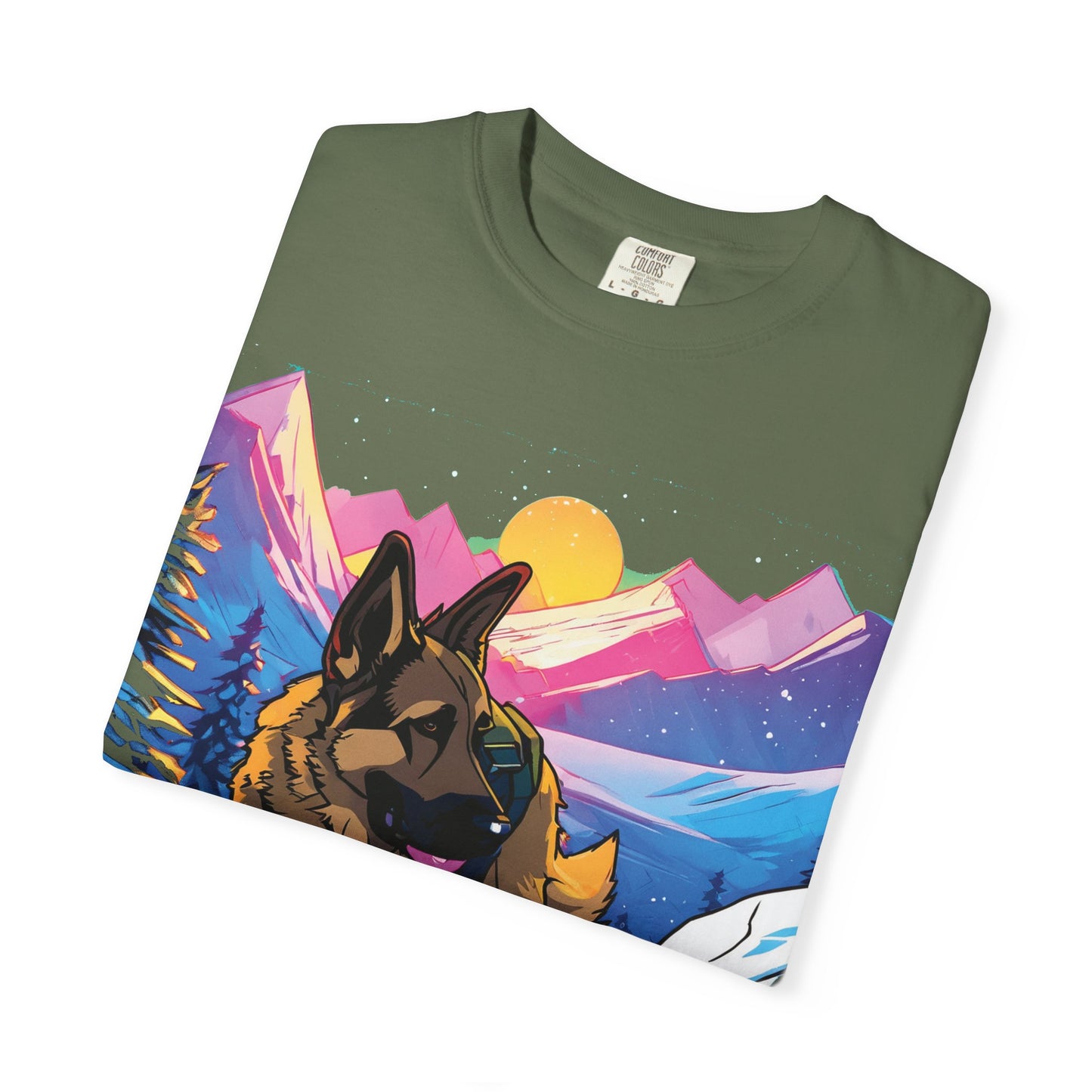 German Shepherd Mountain Sunset T-Shirt — Scenic Dog Graphic Tee