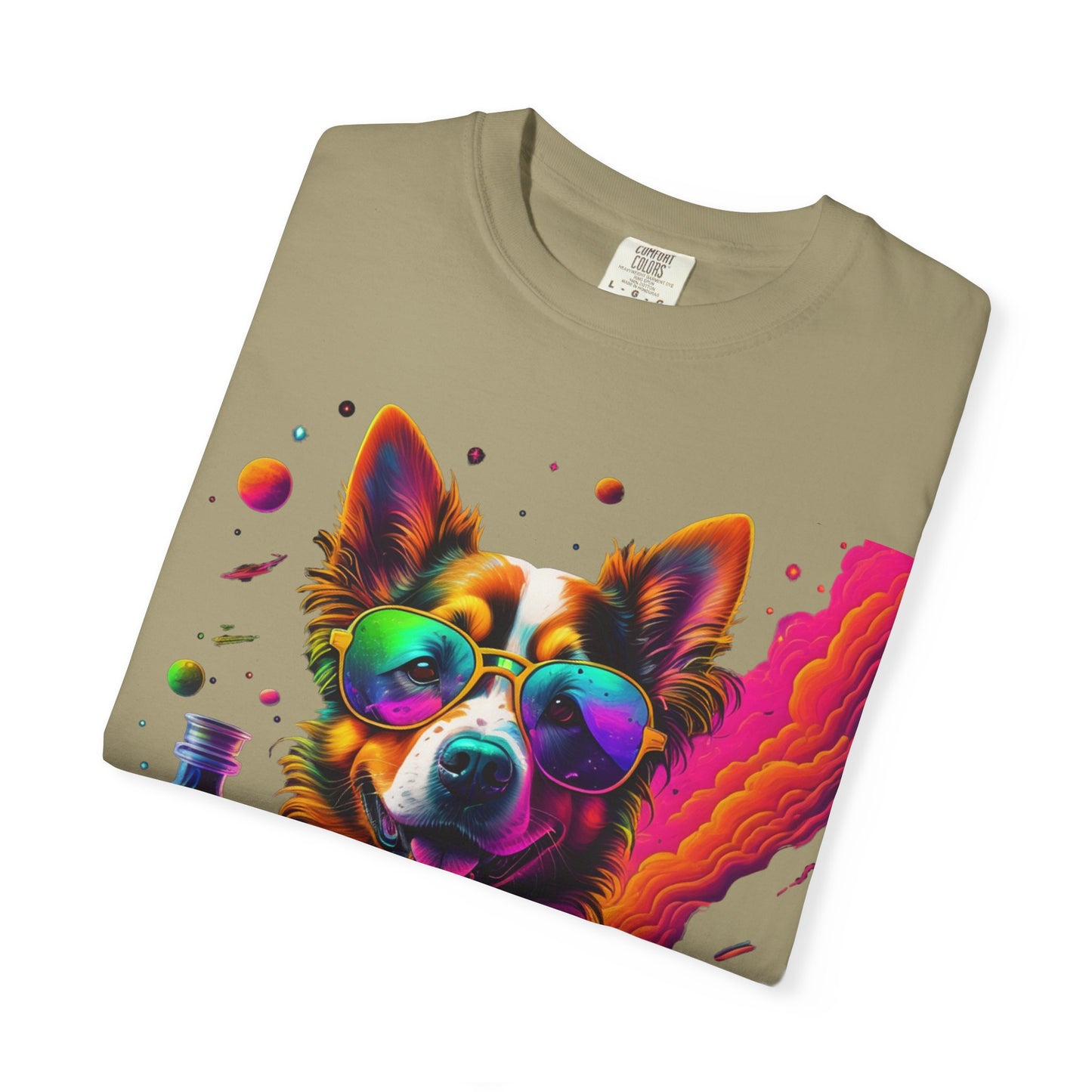 Psychedelic Dog Graphic Tee — Colorful Sunglasses Pup Print