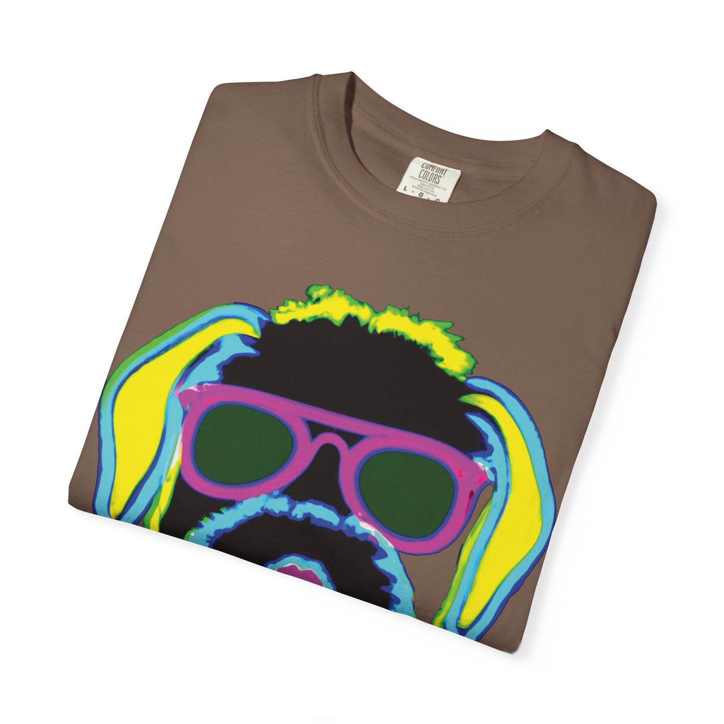 Neon Cool Dog Graphic T-Shirt — Sunglasses Pup Tee with PlurOut Backprint