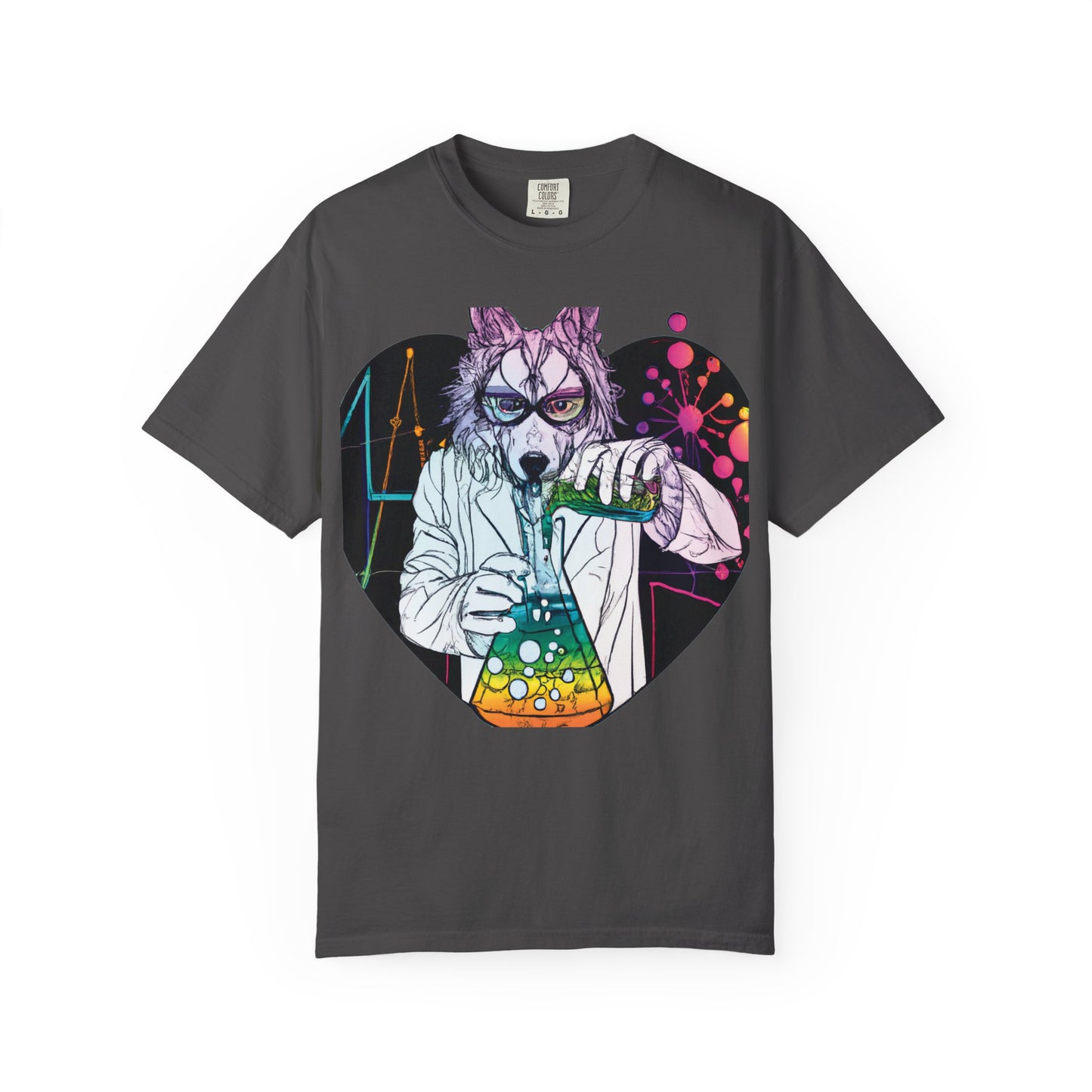 Science Wolf Heart T-Shirt — Colorful Mad Scientist Wolf Graphic Tee